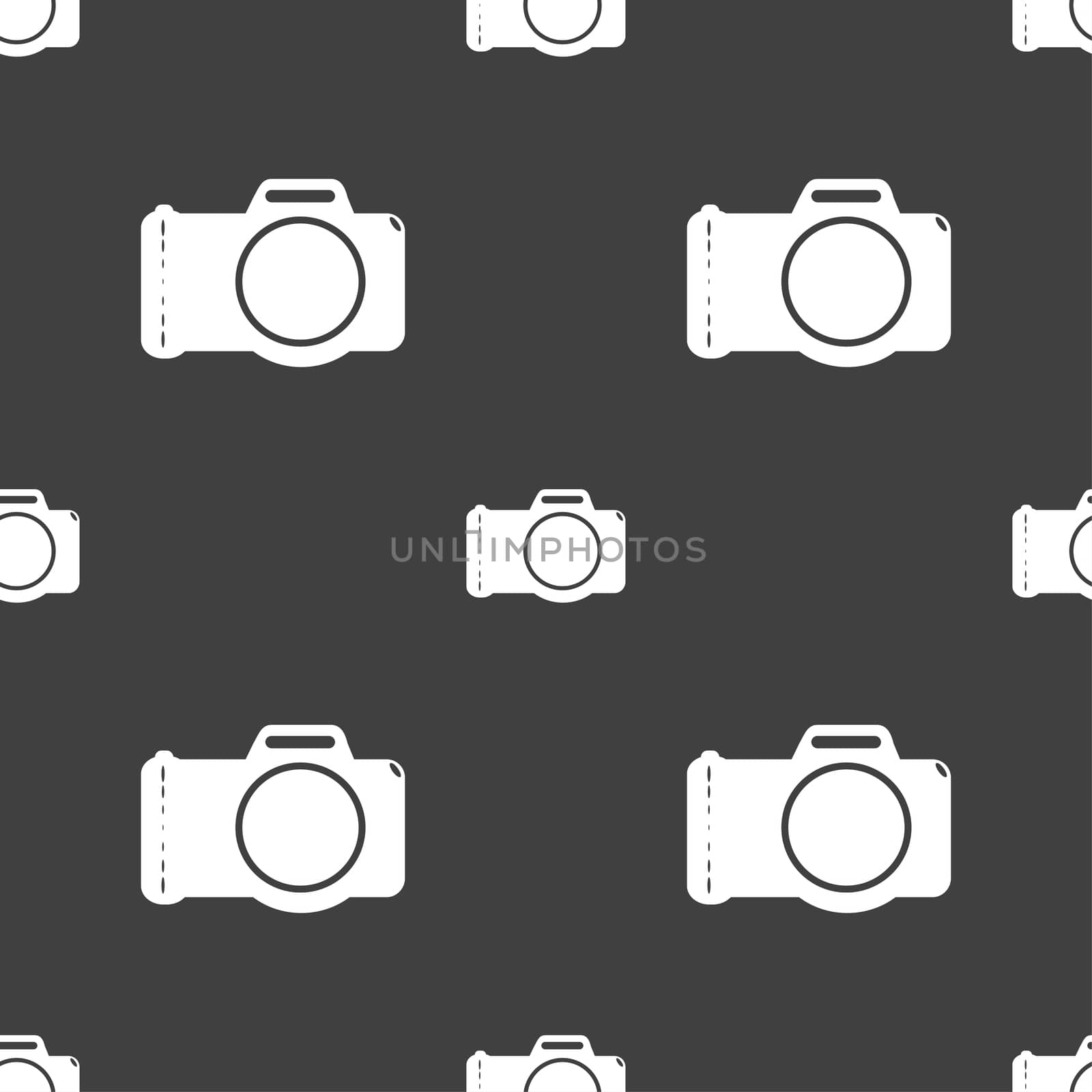 Photo camera sign icon. Digital photo camera symbol. Seamless pattern on a gray background. illustration