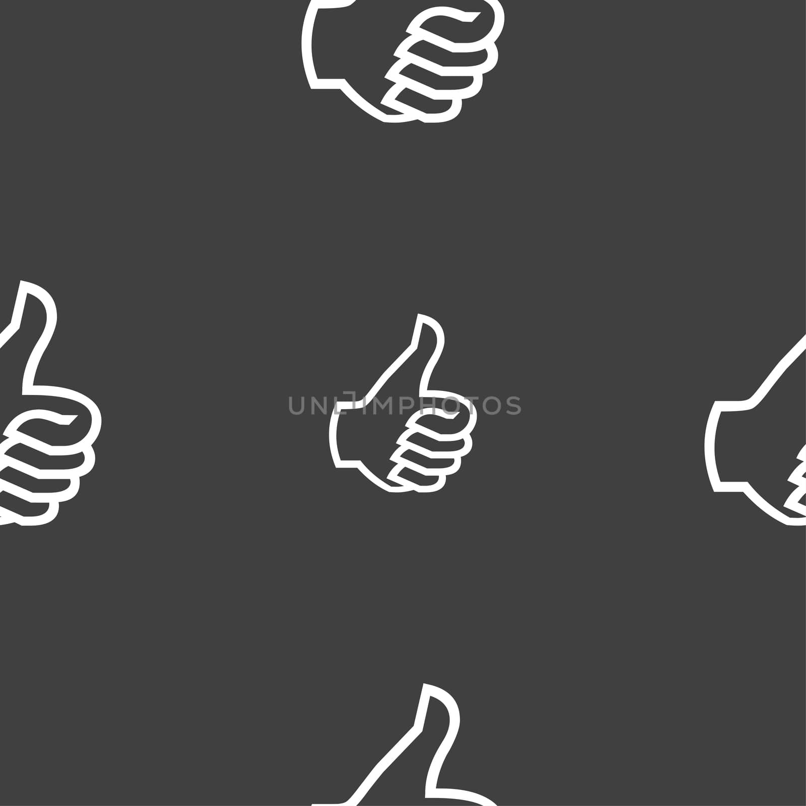 Like sign icon. Thumb up symbol. Hand finger-up. Seamless pattern on a gray background.  by serhii_lohvyniuk