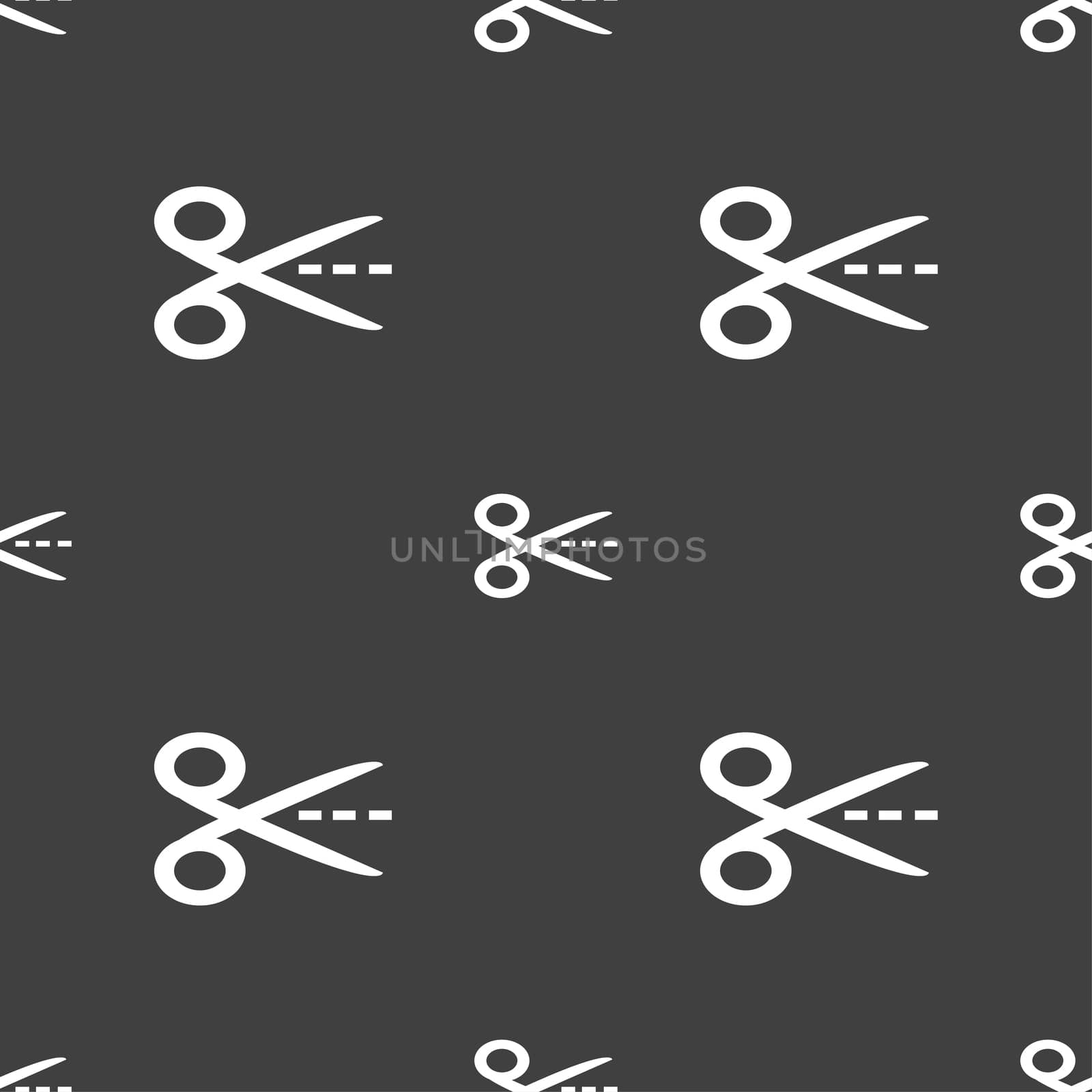 Scissors with cut dash dotted line sign icon. Tailor symbol. Seamless pattern on a gray background.  by serhii_lohvyniuk
