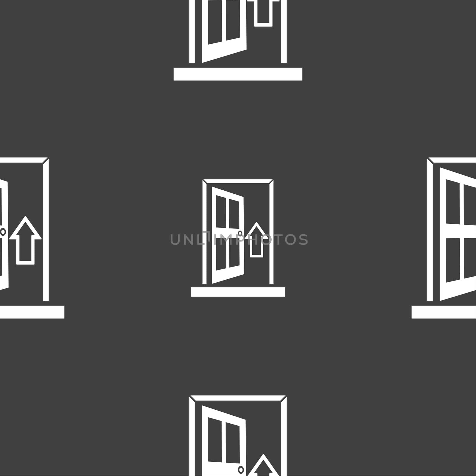 Door, Enter or exit icon sign. Seamless pattern on a gray background.  by serhii_lohvyniuk