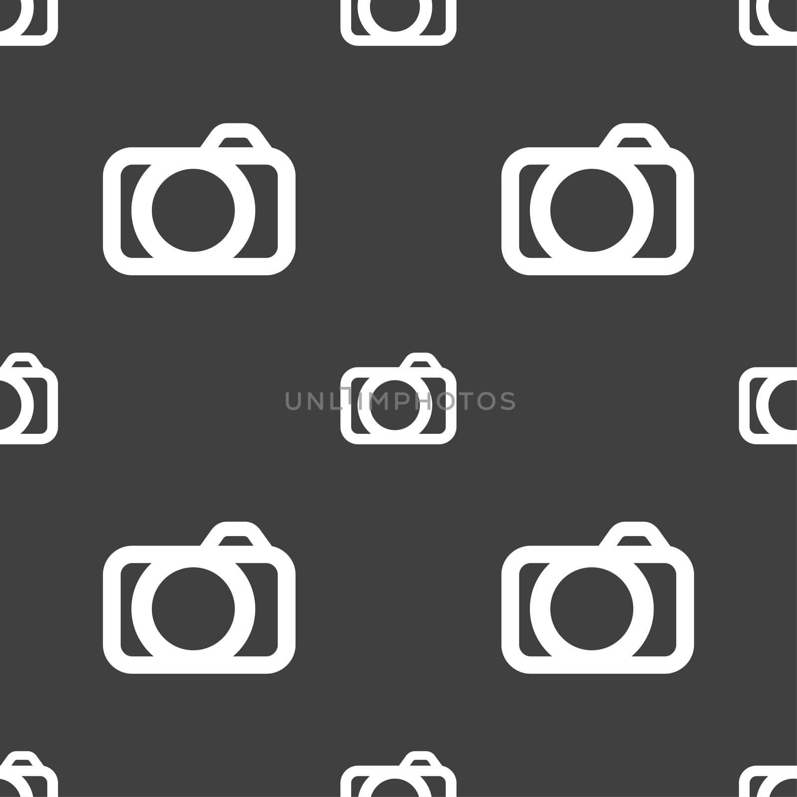 Photo camera sign icon. Digital photo camera symbol. Seamless pattern on a gray background. illustration