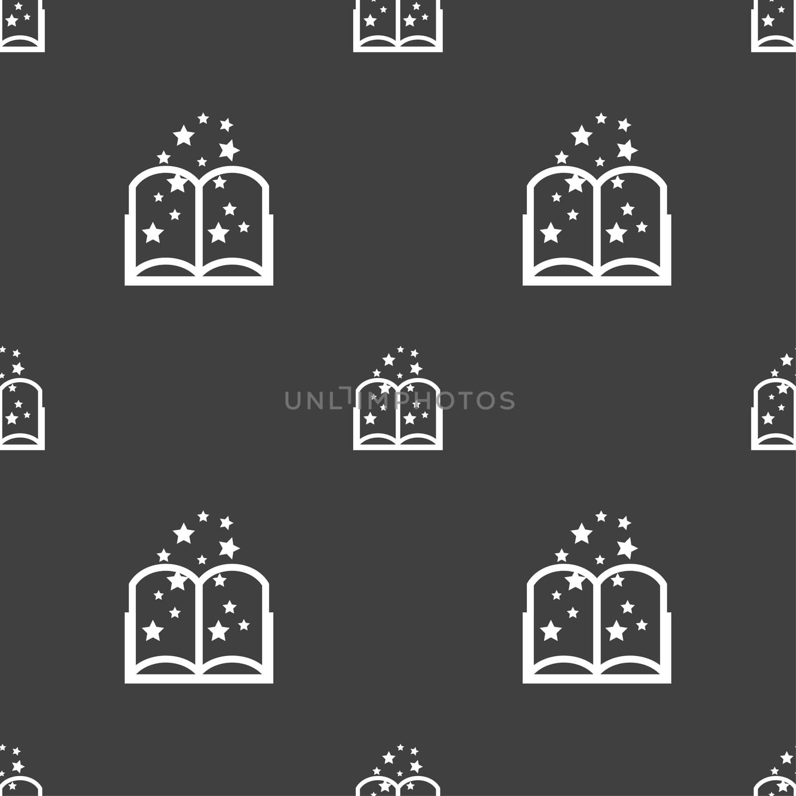 Magic Book sign icon. Open book symbol. Seamless pattern on a gray background.  by serhii_lohvyniuk