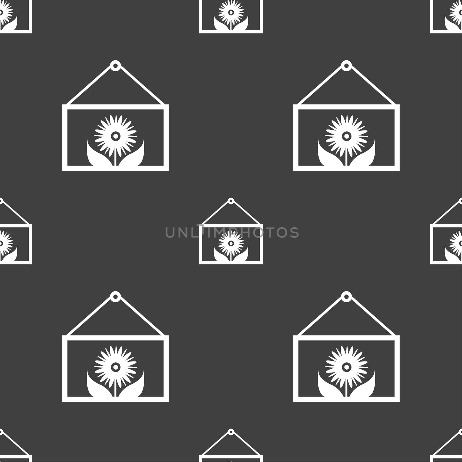 Frame with flower icon sign. Seamless pattern on a gray background. illustration