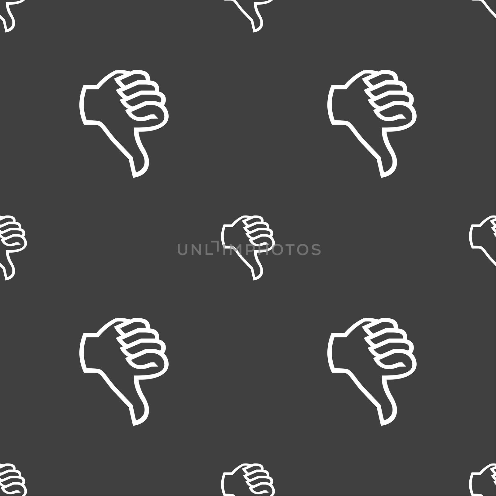 Dislike sign icon. Thumb down sign. Hand finger down symbol. Seamless pattern on a gray background. illustration