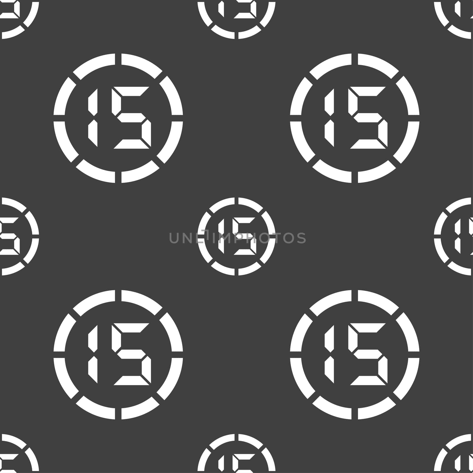 15 second stopwatch icon sign. Seamless pattern on a gray background.  by serhii_lohvyniuk