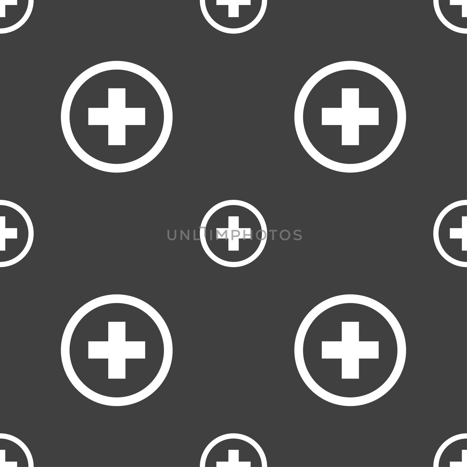 Plus, Positive, zoom icon sign. Seamless pattern on a gray background. illustration