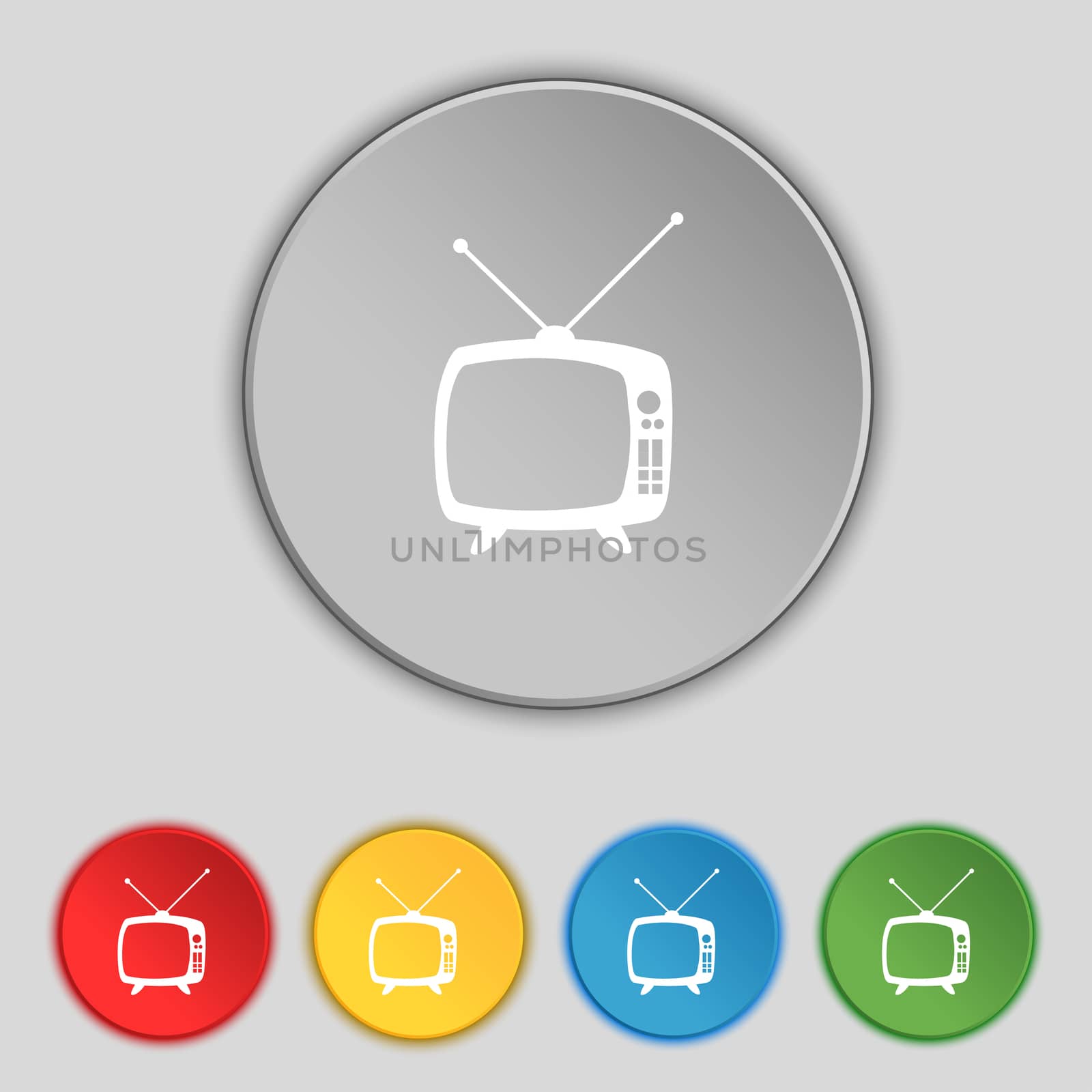 Retro TV mode sign icon. Television set symbol. Set colourful buttons. Hand cursor pointer illustration