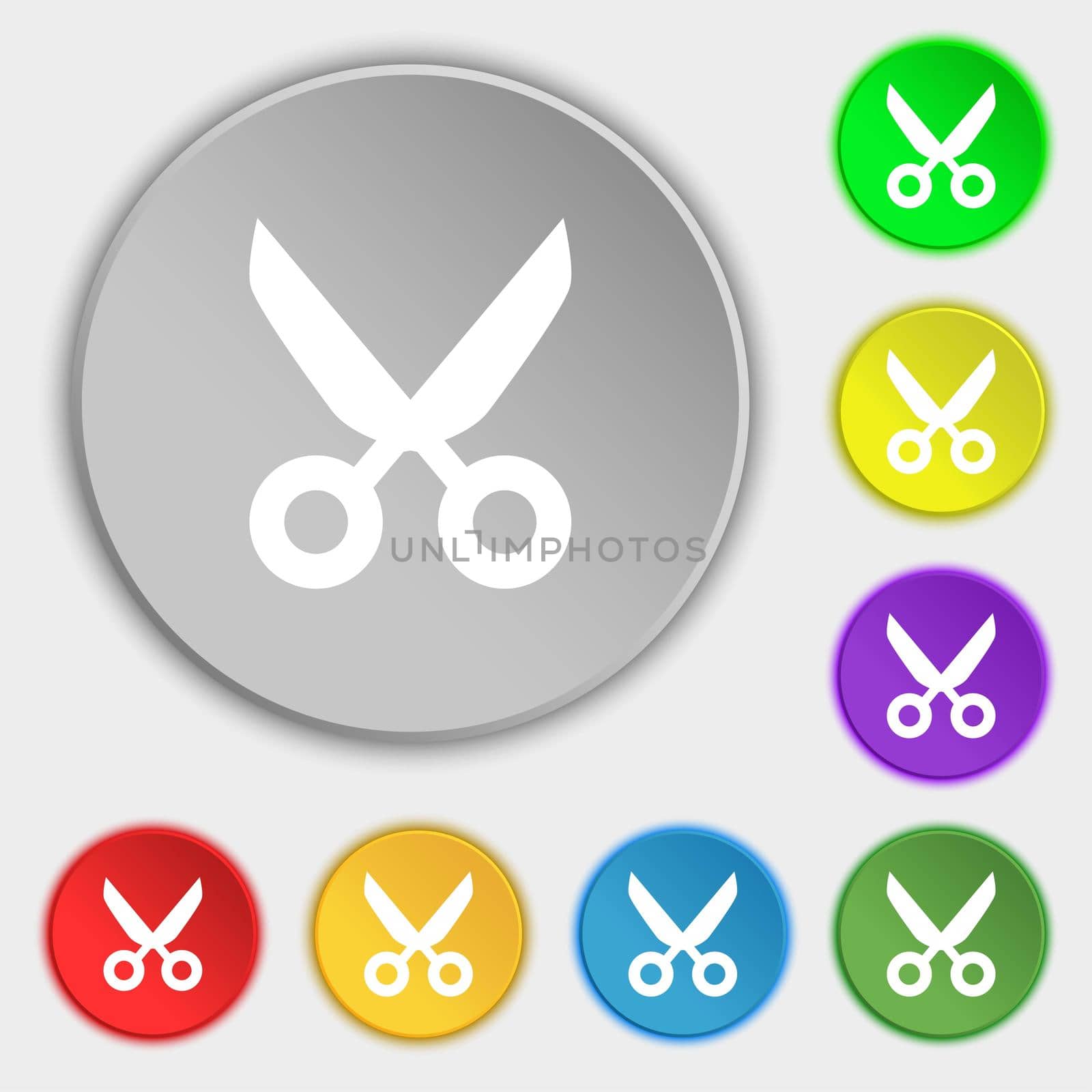 Scissors hairdresser sign icon. Tailor symbol. Symbols on eight flat buttons. illustration