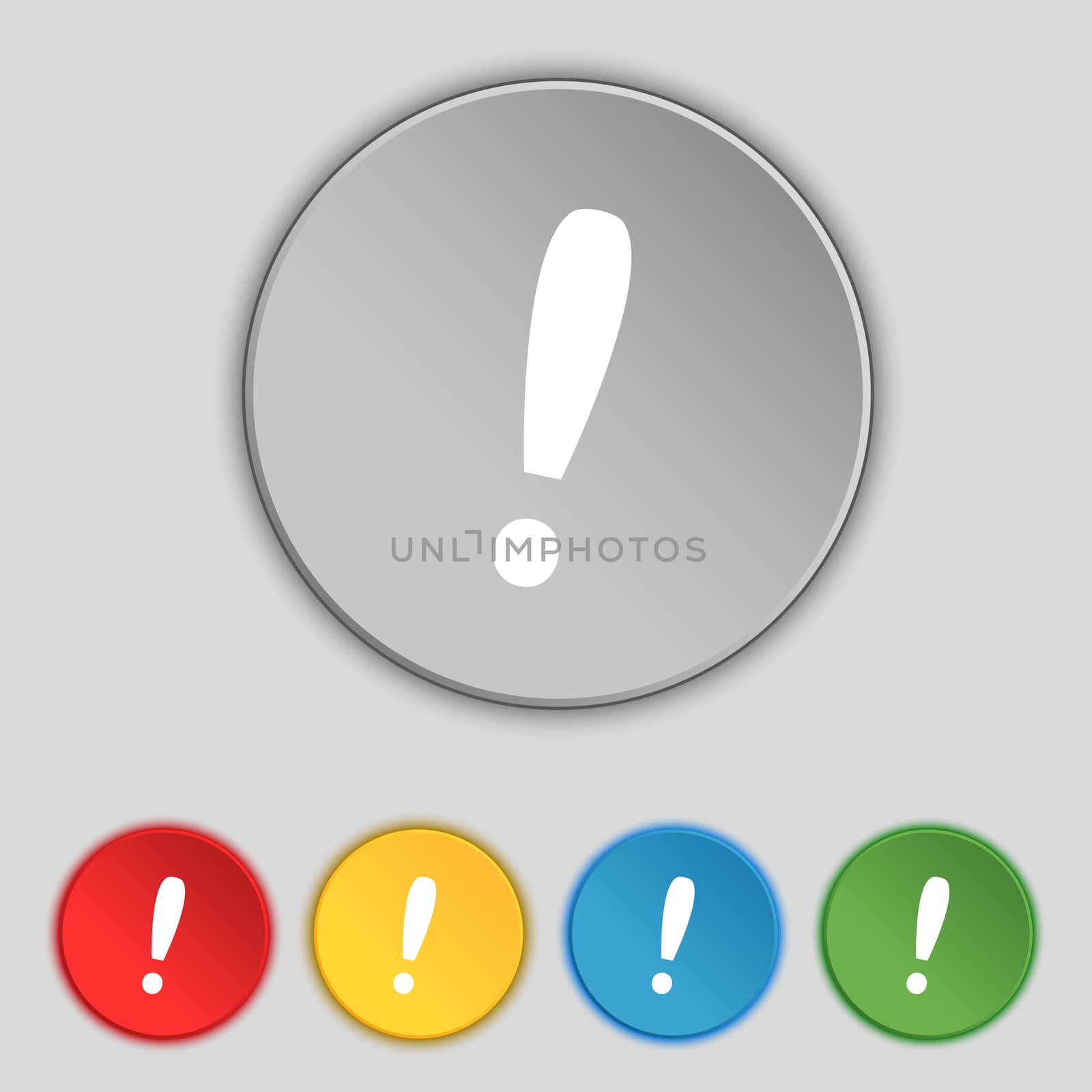 Exclamation mark sign icon. Attention speech bubble symbol. Set colourful buttons.  by serhii_lohvyniuk