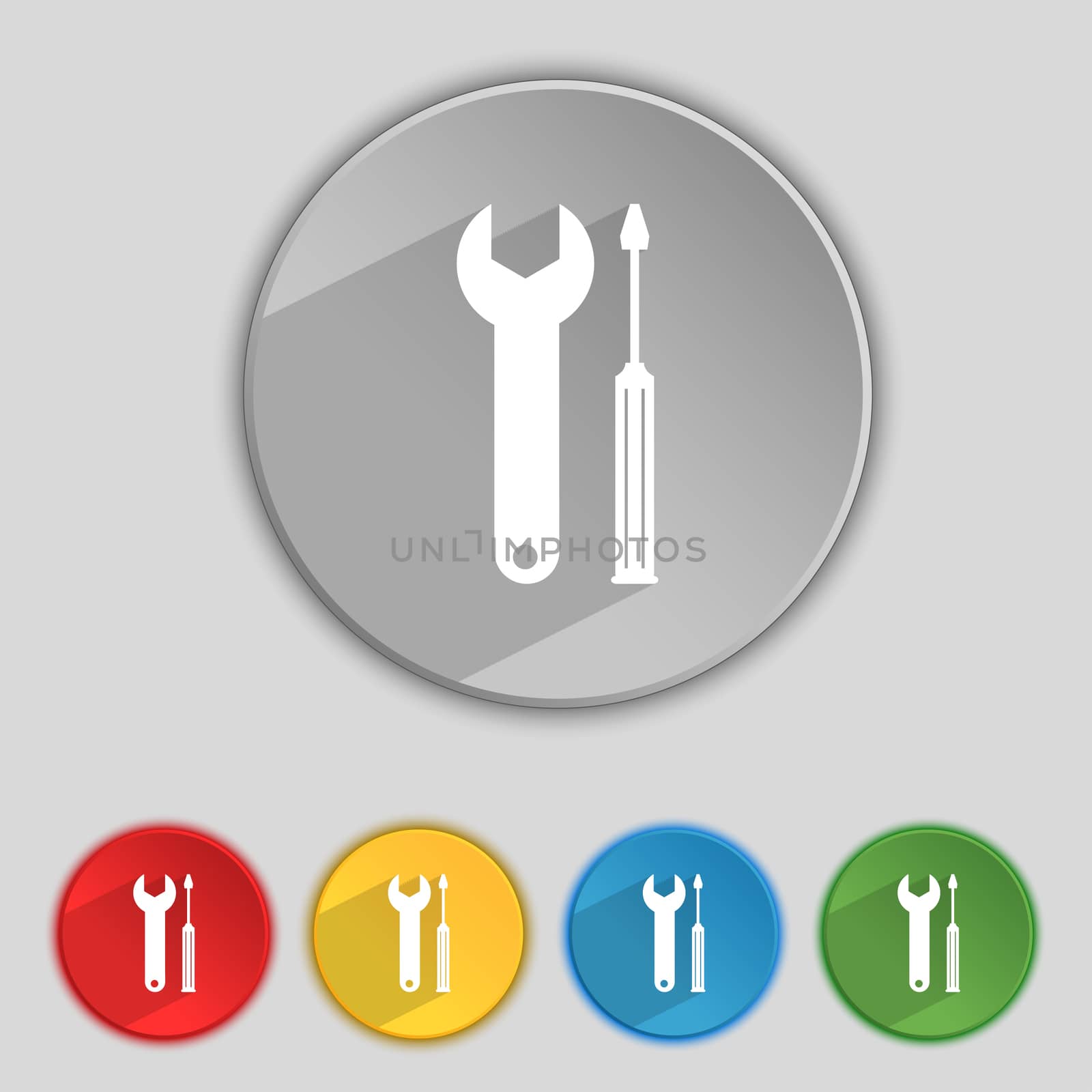 Repair tool sign icon. Service symbol. screwdriver with wrench. Set of colored buttons. illustration