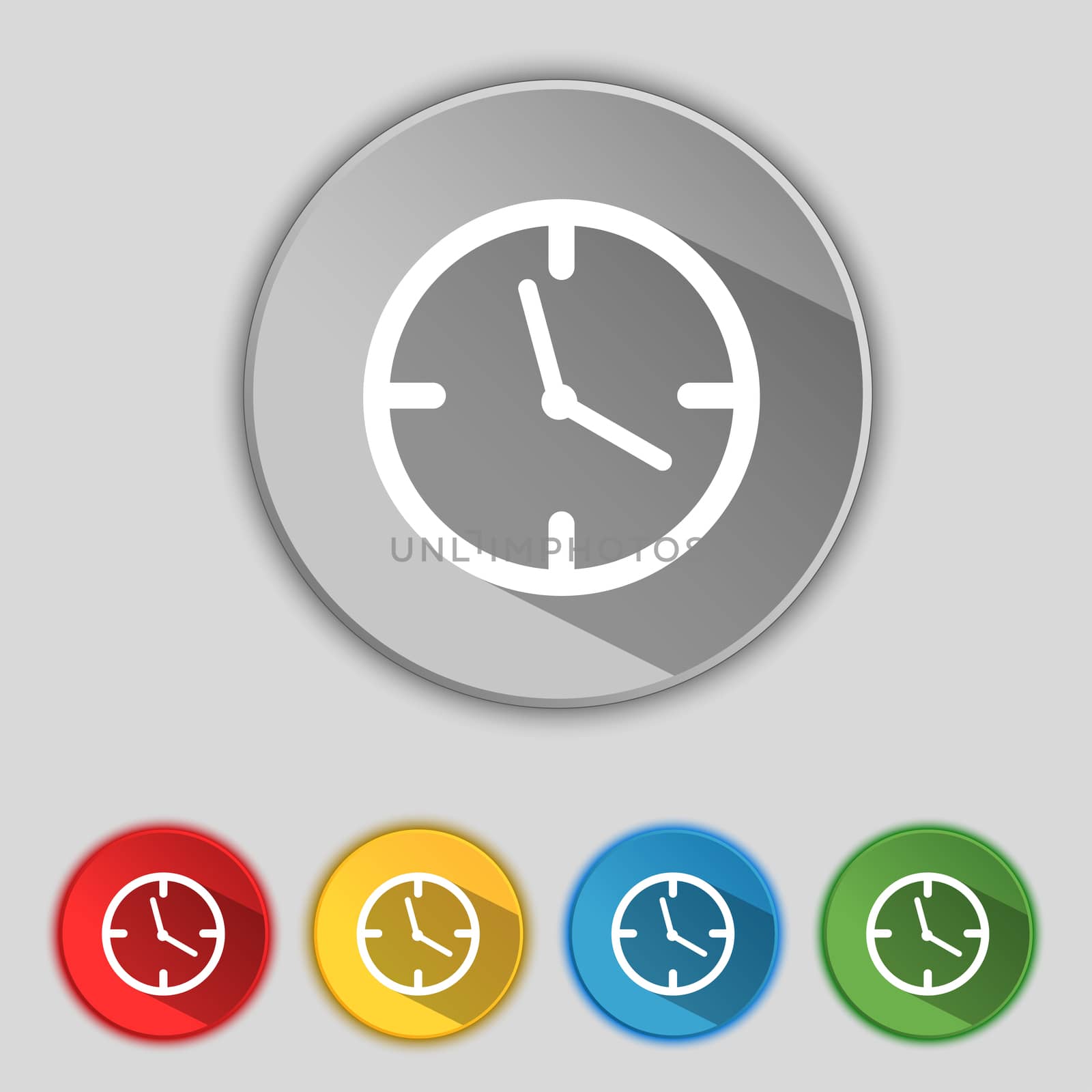 Clock time sign icon. Mechanical watch symbol. Set of colourful buttons. illustration