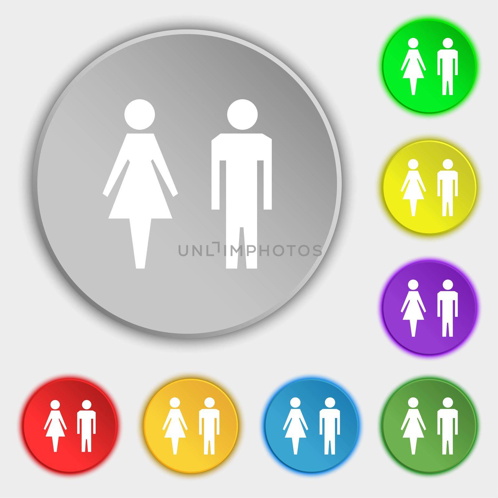 WC sign icon. Toilet symbol. Male and Female toilet. Symbols on eight flat buttons.  by serhii_lohvyniuk