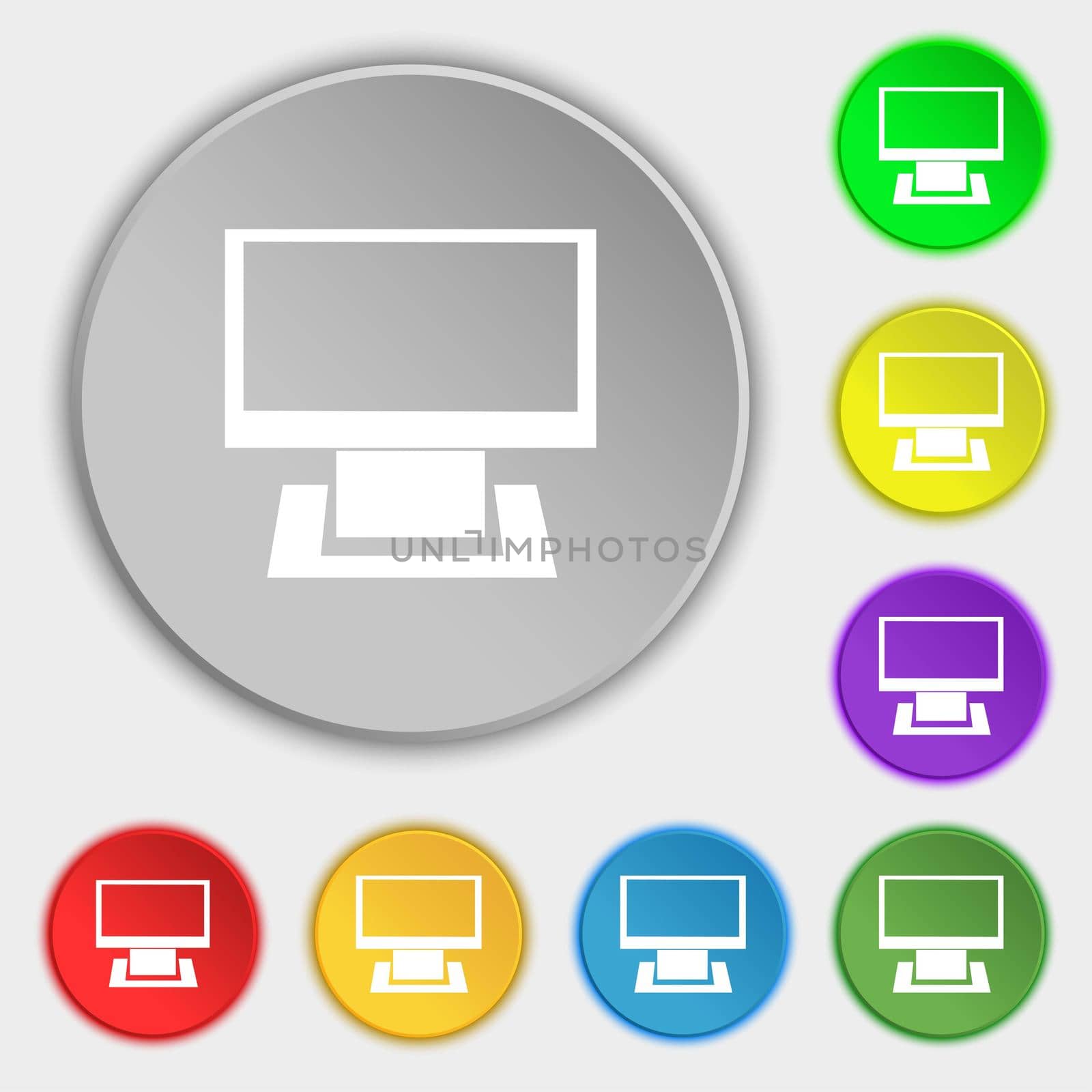 Computer widescreen monitor sign icon. Symbols on eight flat buttons. illustration