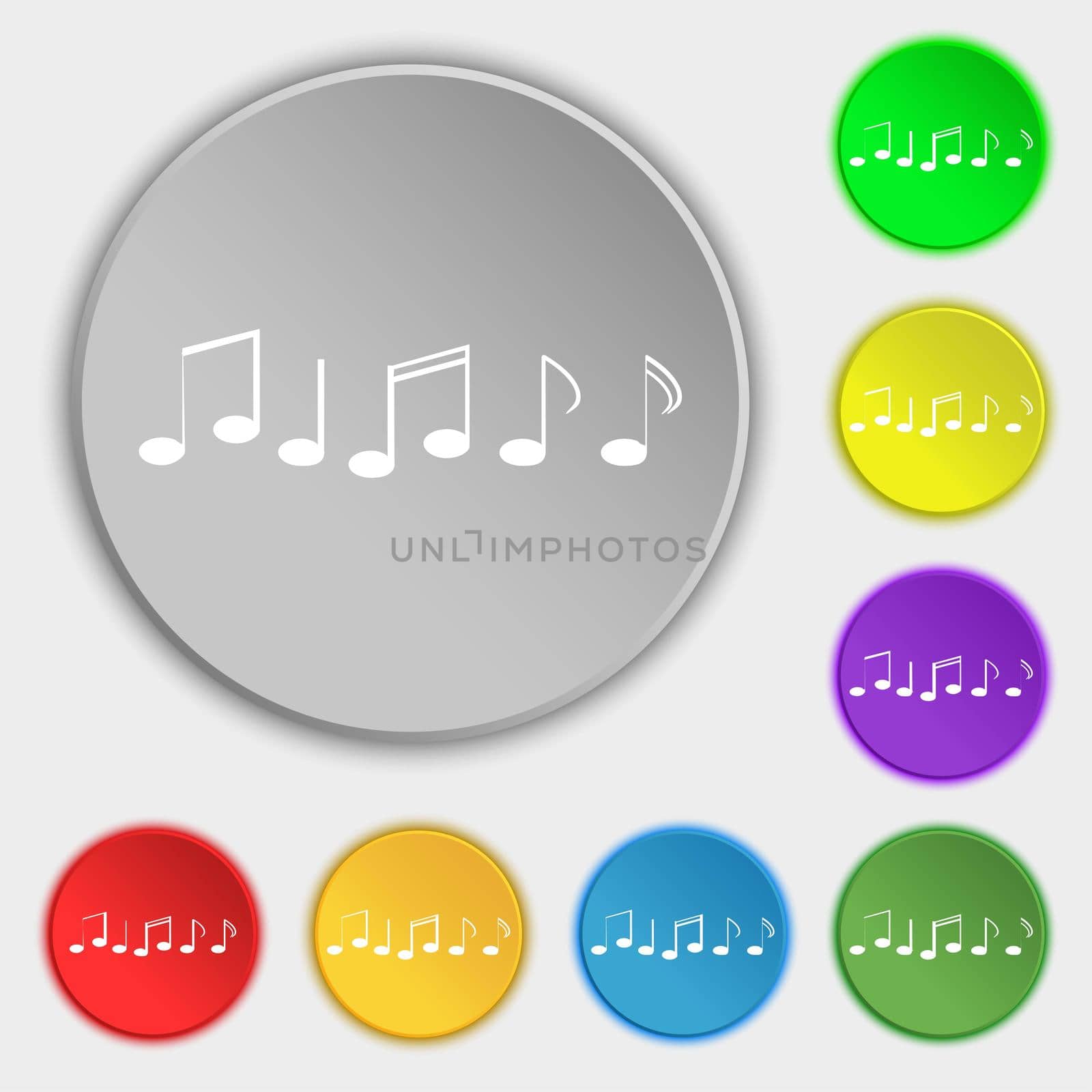 Music note sign icon. Musical symbol. Symbols on eight flat buttons. illustration