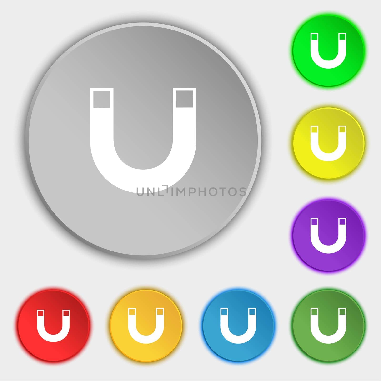 magnet sign icon. horseshoe it symbol. Repair sig. Symbols on eight flat buttons. illustration