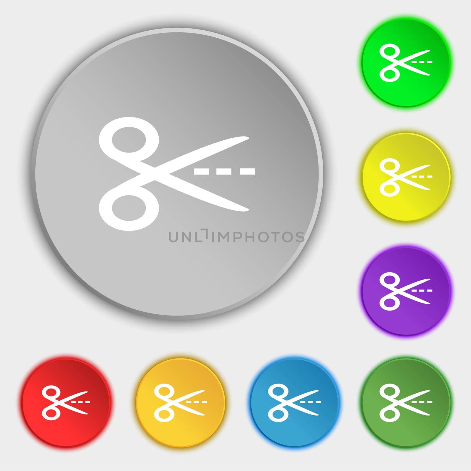 Scissors with cut dash dotted line sign icon. Tailor symbol. Symbols on eight flat buttons. illustration