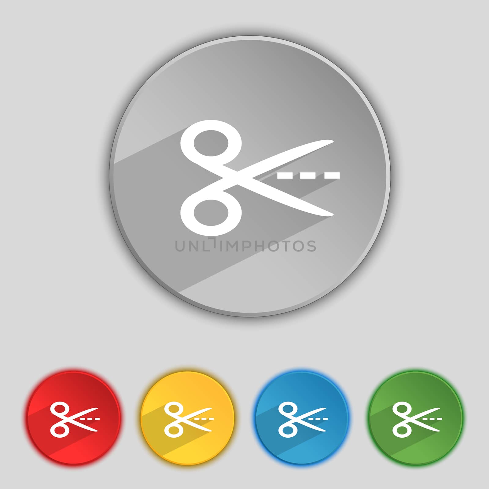 Scissors with cut dash dotted line sign icon. Tailor symbol. Set of colored buttons. illustration