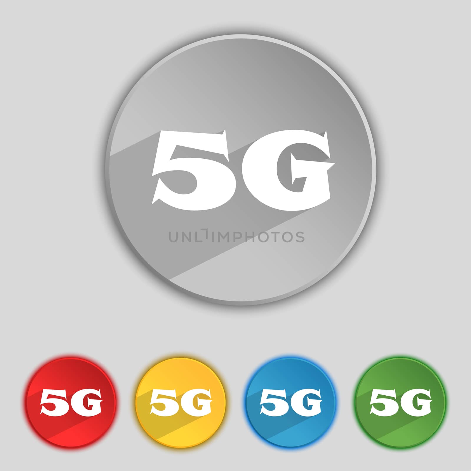 5G sign icon. Mobile telecommunications technology symbol. Set of colour buttons. illustration