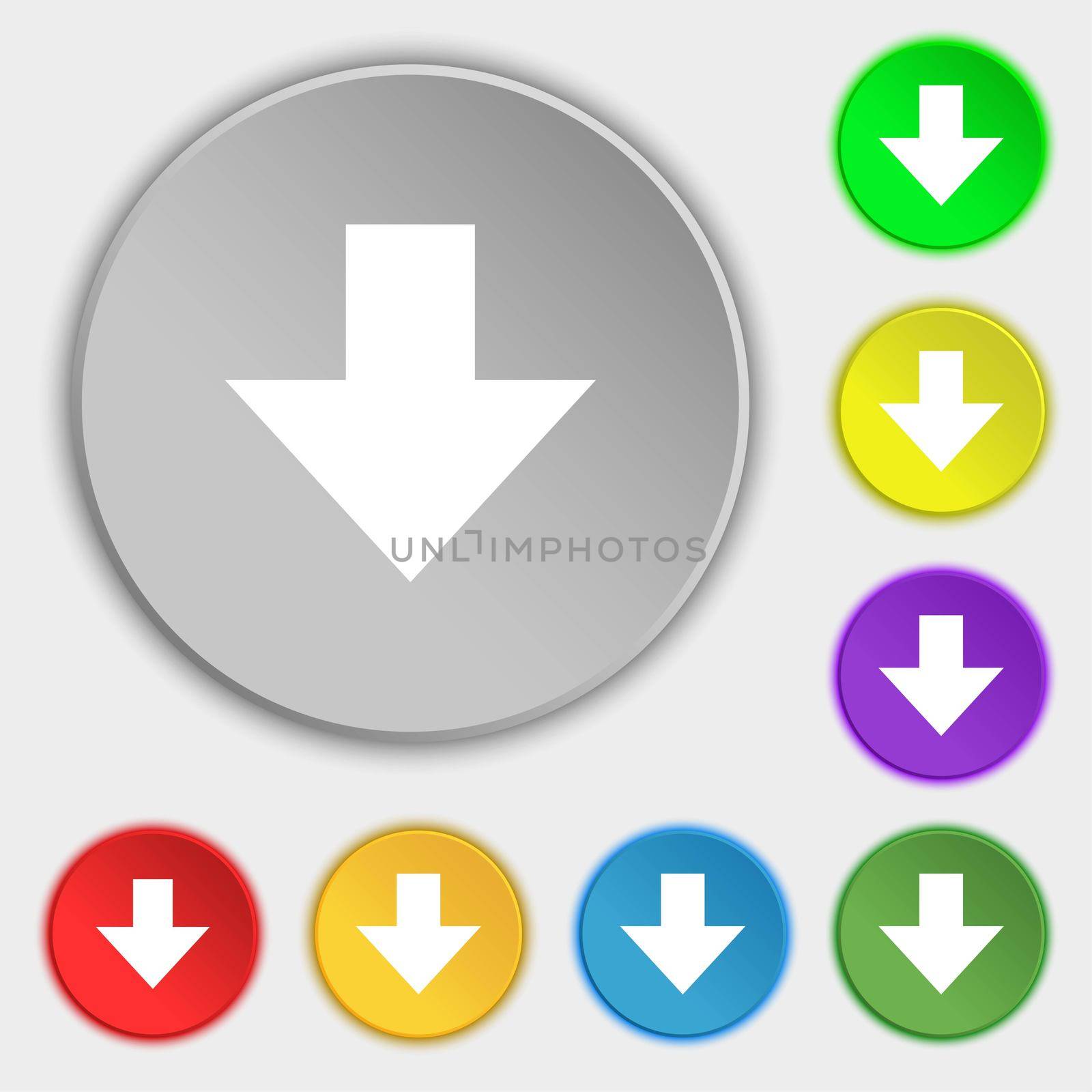 Download sign. Downloading flat icon. Load label. Symbols on eight flat buttons. illustration