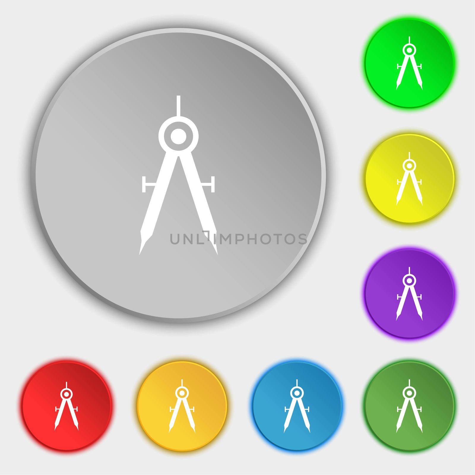 Mathematical Compass sign icon. Symbols on eight flat buttons. illustration