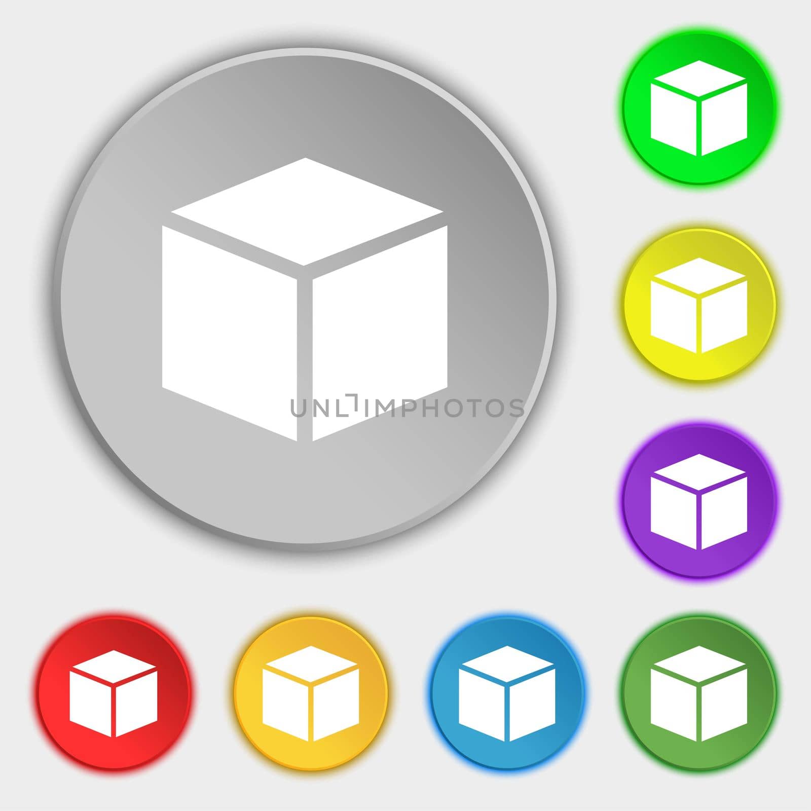 3d cube icon sign. Symbols on eight flat buttons.  by serhii_lohvyniuk