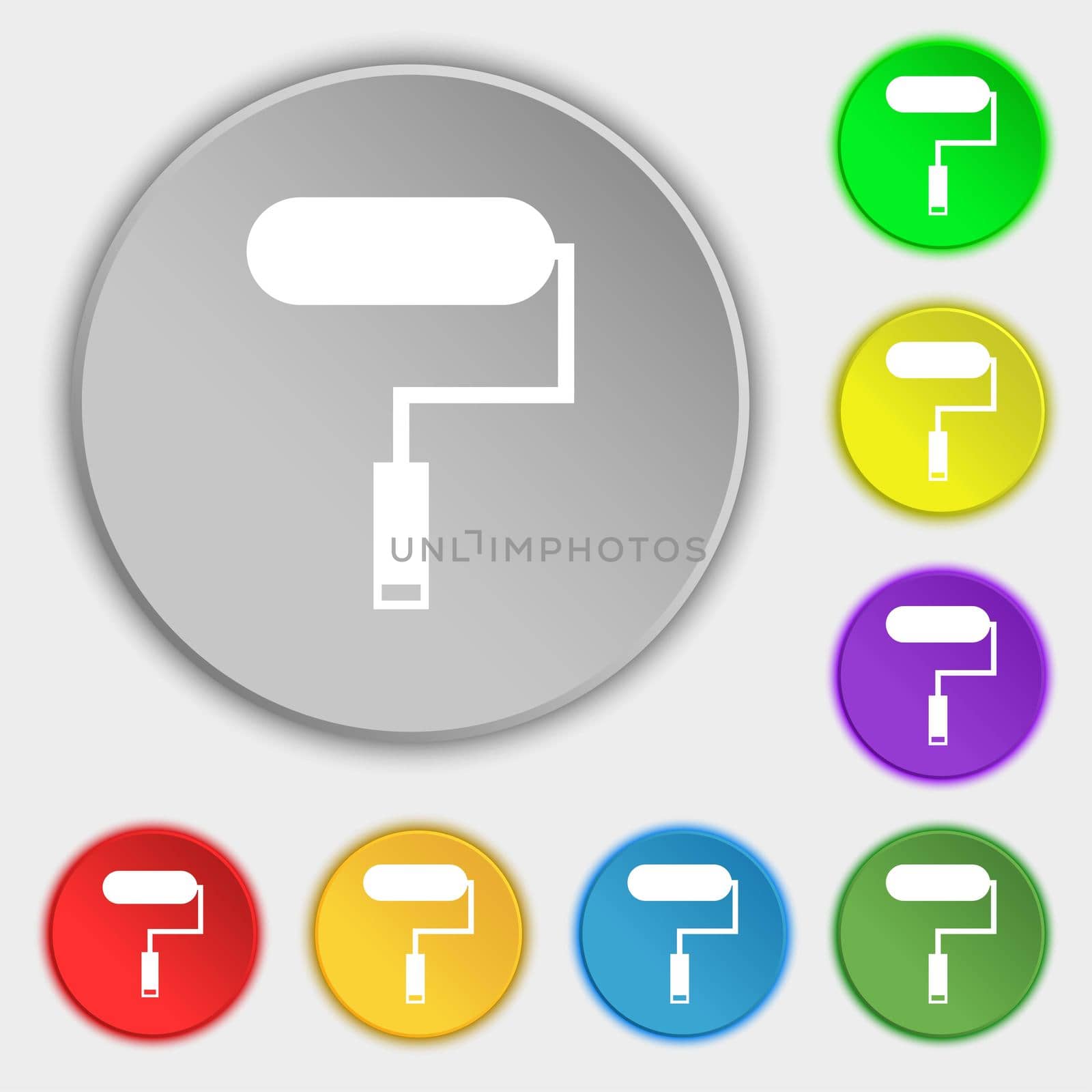 Paint roller sign icon. Painting tool symbol. Symbols on eight flat buttons. illustration