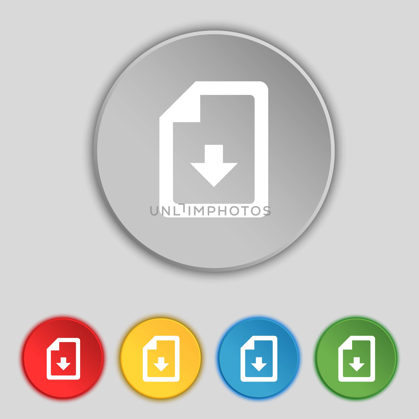 import, download file icon sign. Symbol on five flat buttons. illustration