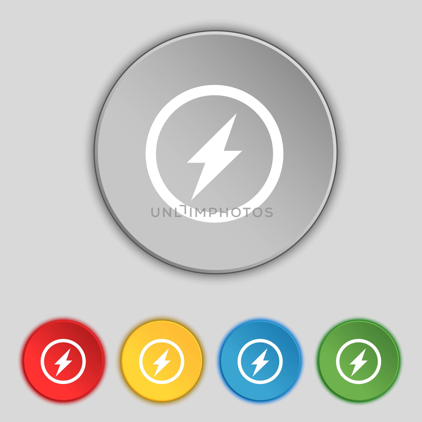 Photo flash sign icon. Lightning symbol. Set of colour buttons.  by serhii_lohvyniuk