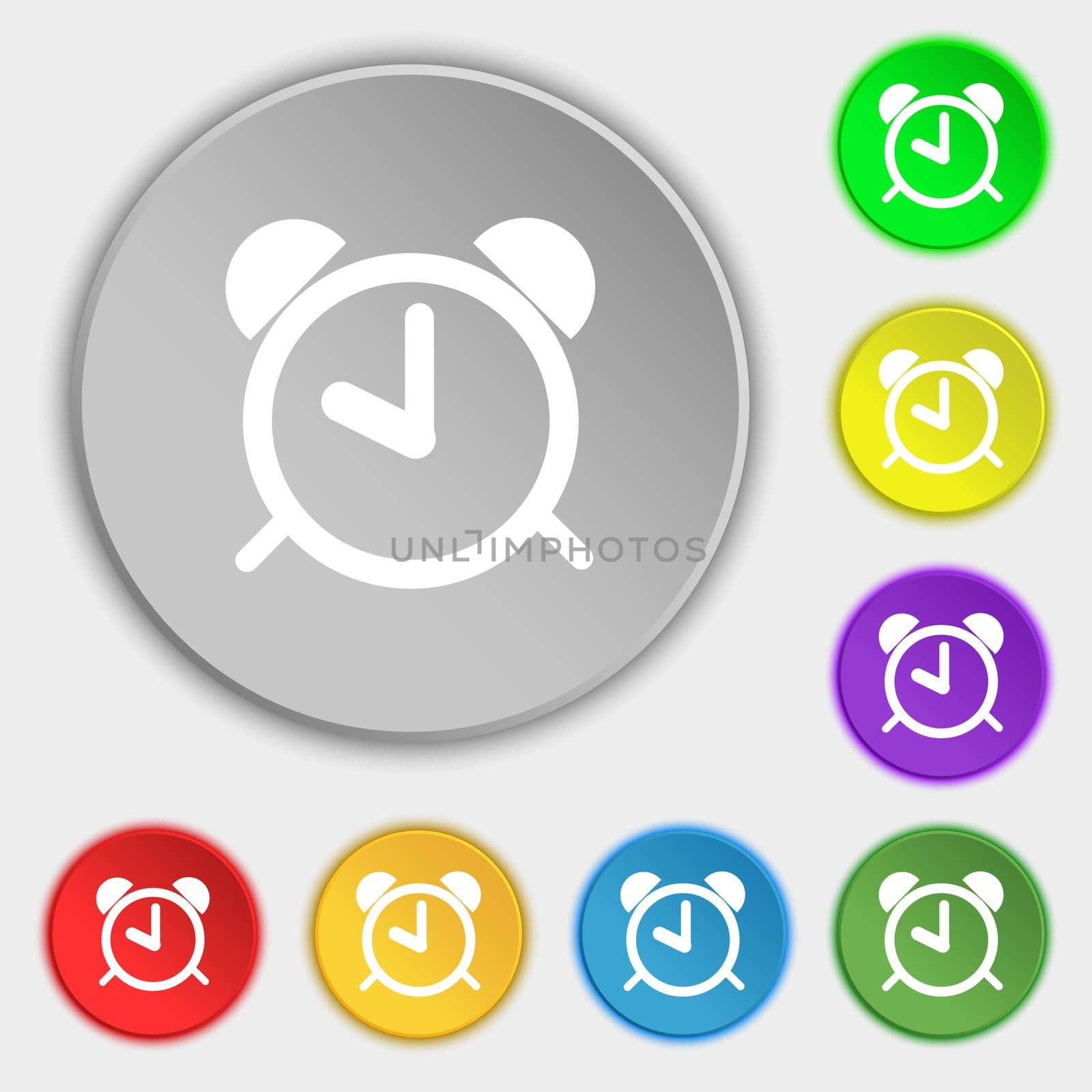 Alarm clock sign icon. Wake up alarm symbol. Symbols on eight flat buttons. illustration
