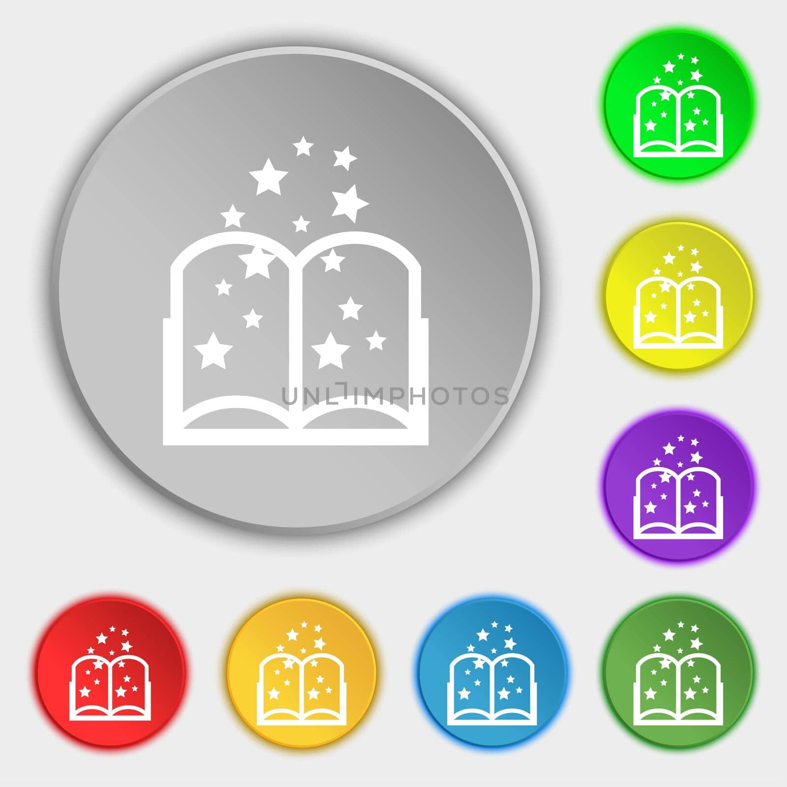 Magic Book sign icon. Open book symbol. Symbols on eight flat buttons. illustration