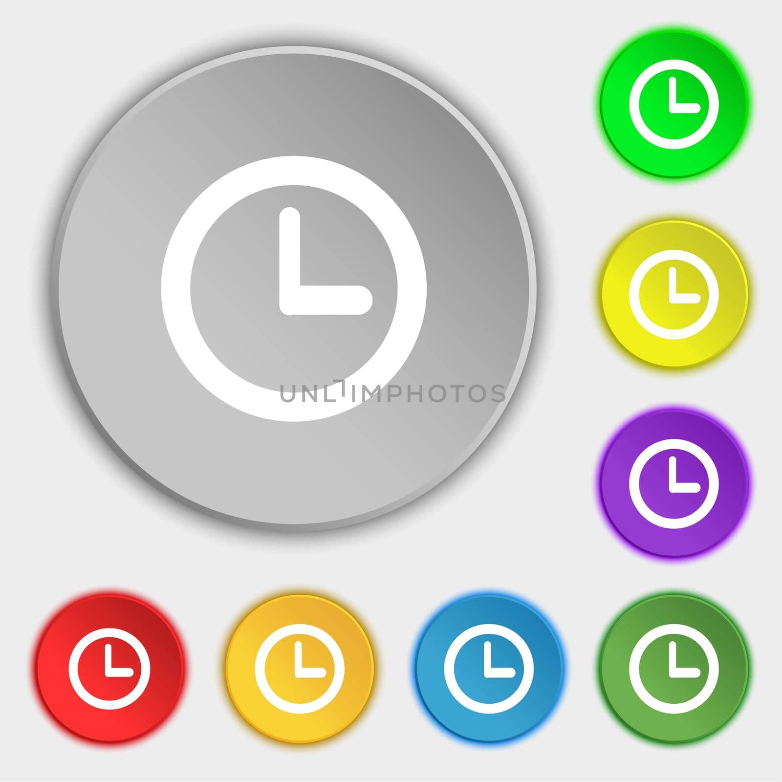 Clock sign icon. Mechanical clock symbol. Symbols on eight flat buttons. illustration