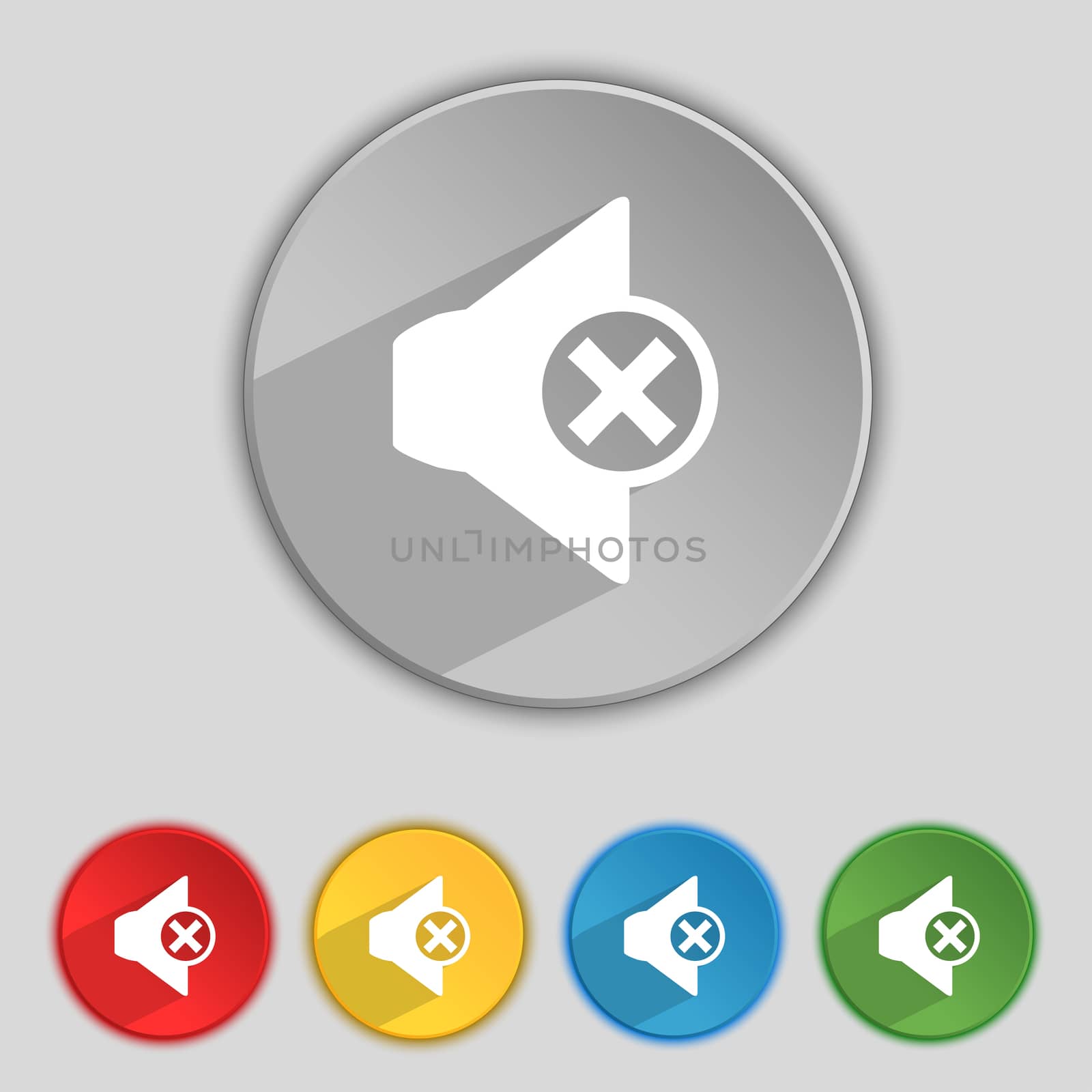 Mute speaker sign icon. Sound symbol. Set of colourful buttons. illustration