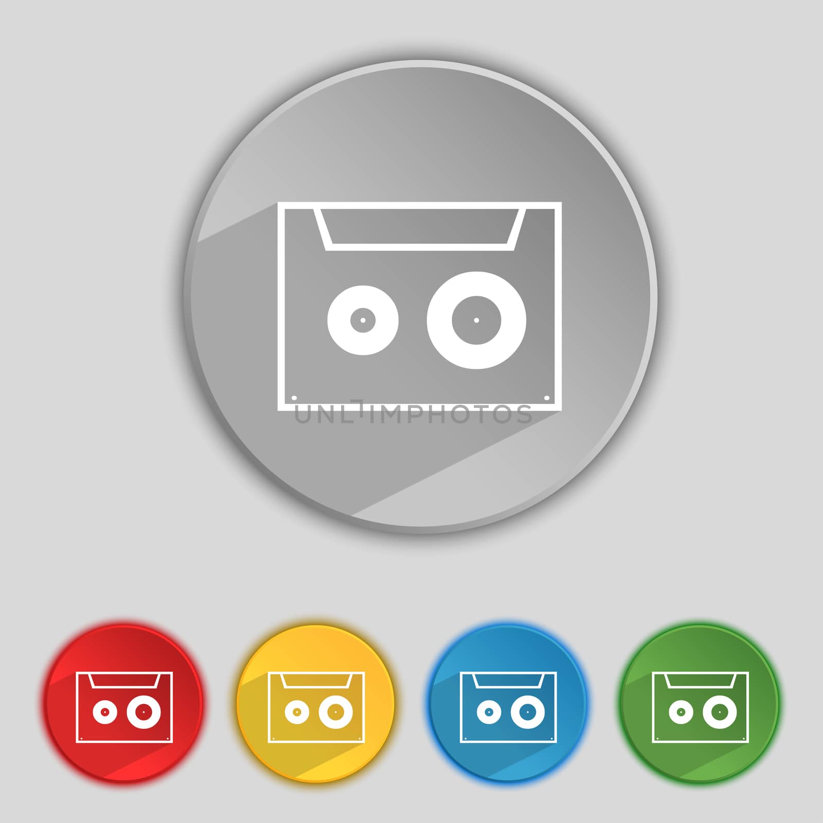 cassette sign icon. Audiocassette symbol. Set of colour buttons. illustration