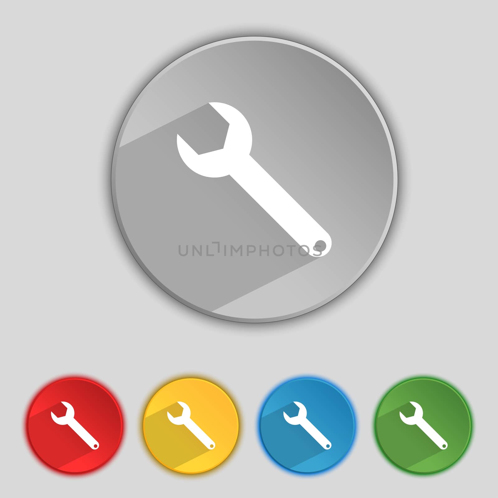 Wrench key sign icon. Service tool symbol. Set of colored buttons. illustration