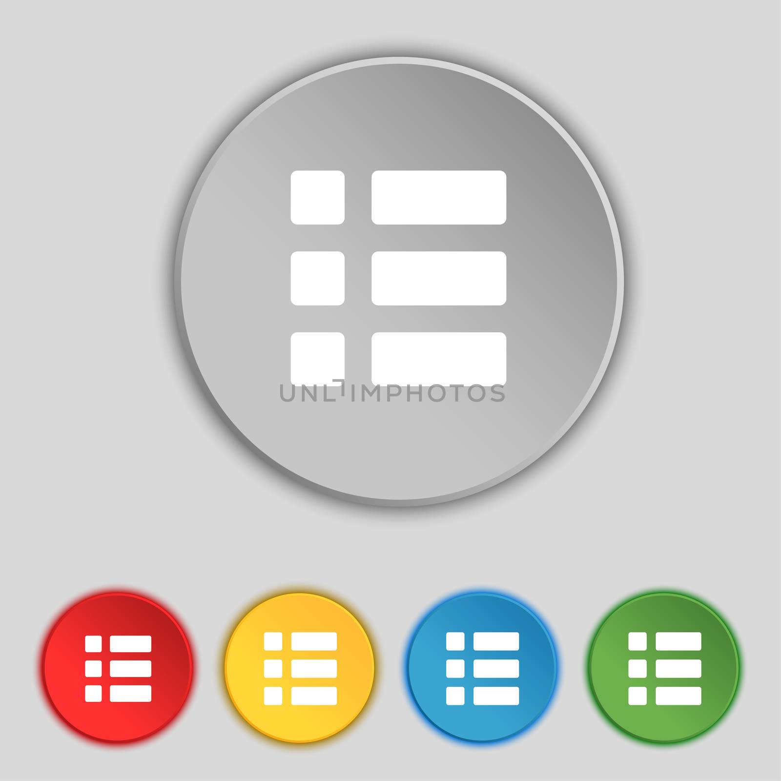 List menu, Content view options icon sign. Symbol on five flat buttons.  by serhii_lohvyniuk