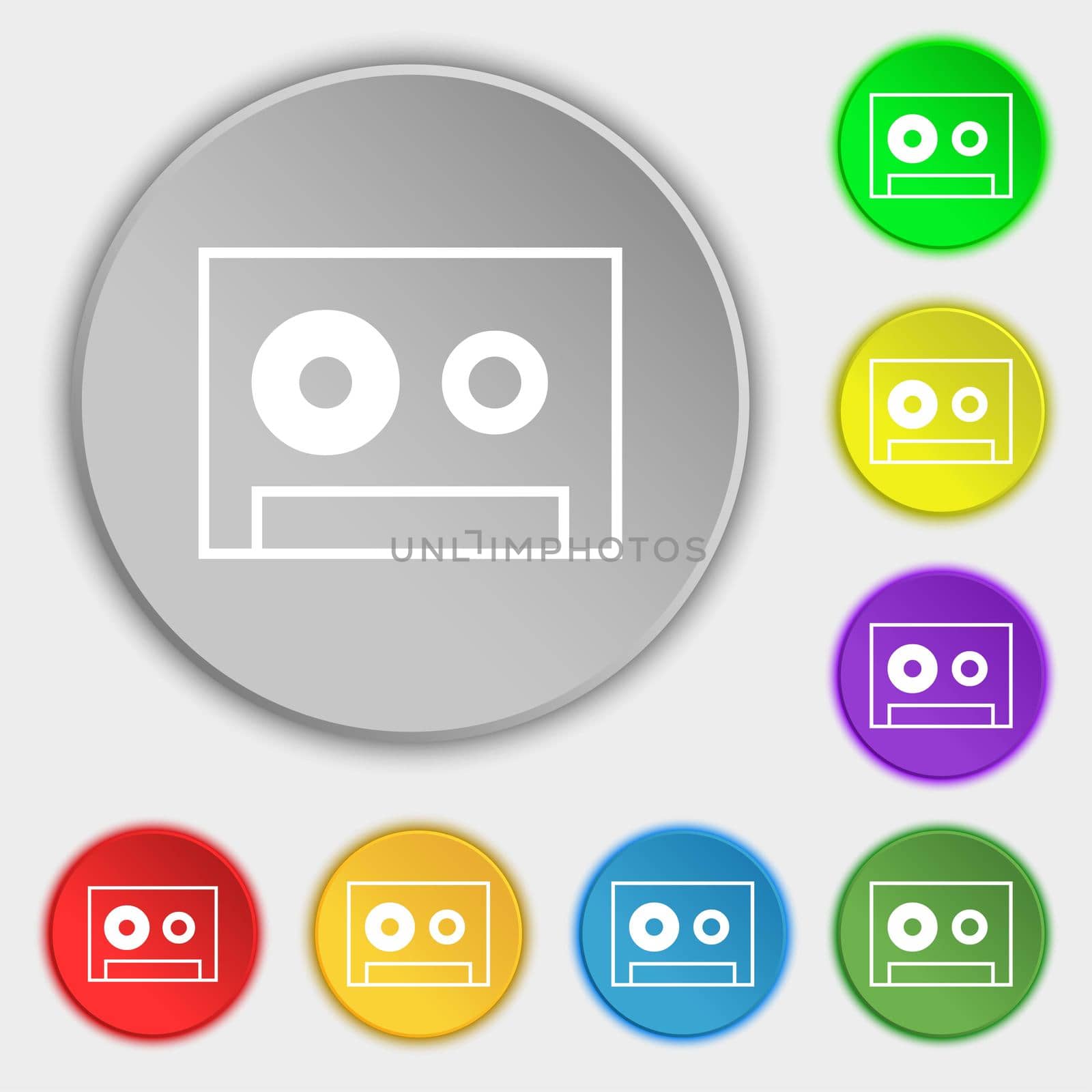 cassette sign icon. Audiocassette symbol. Symbols on eight flat buttons. illustration