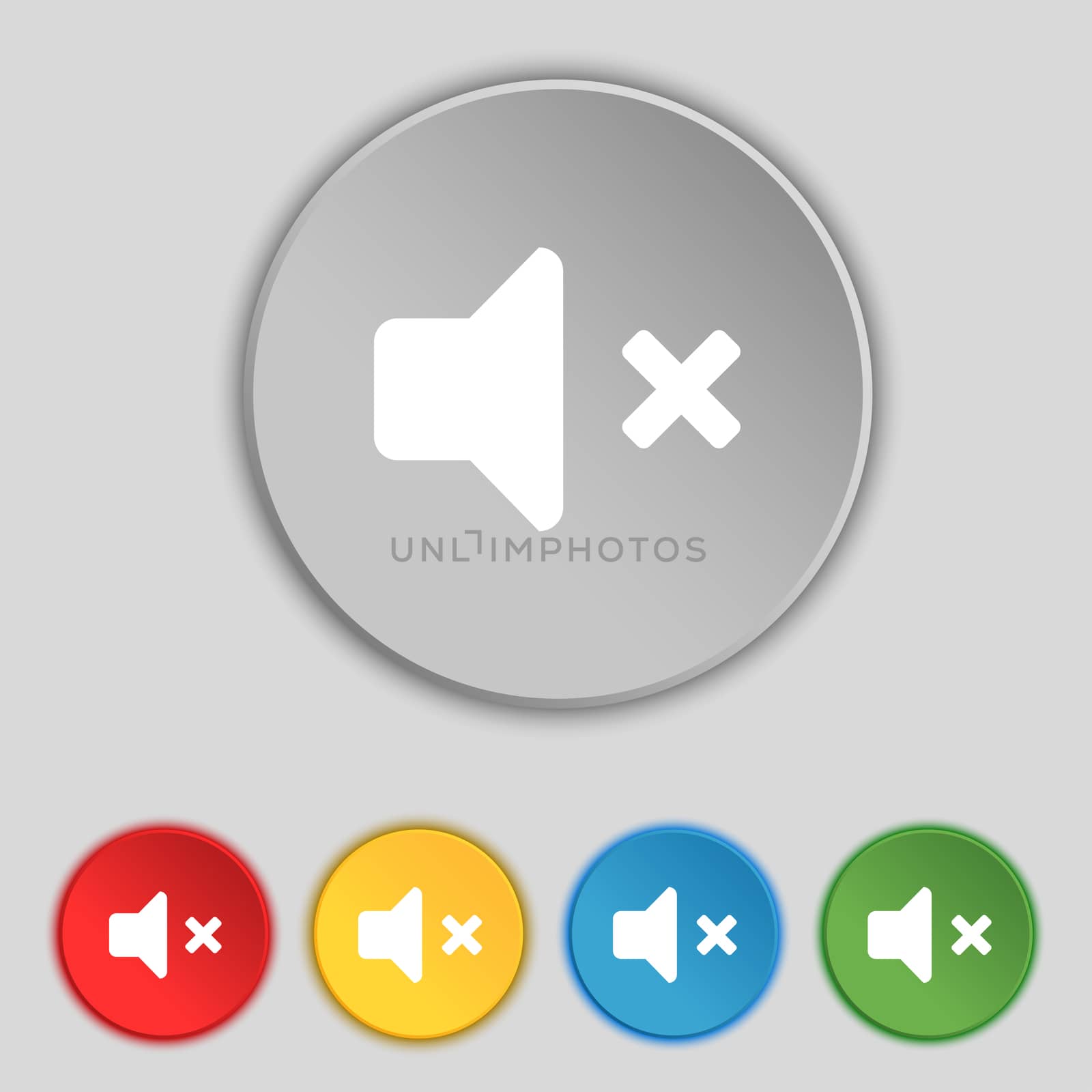 Mute speaker , Sound icon sign. Symbol on five flat buttons. illustration