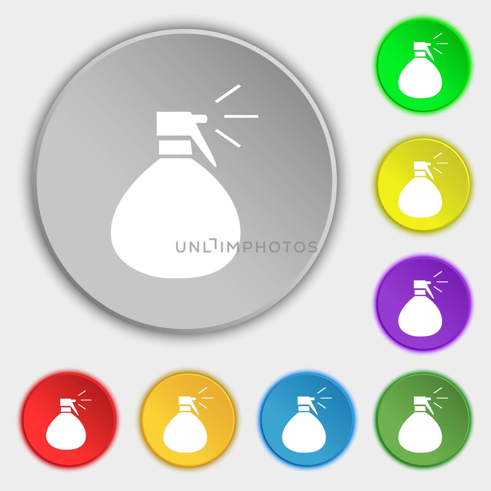 plastic spray of water icon sign. Symbols on eight flat buttons. illustration