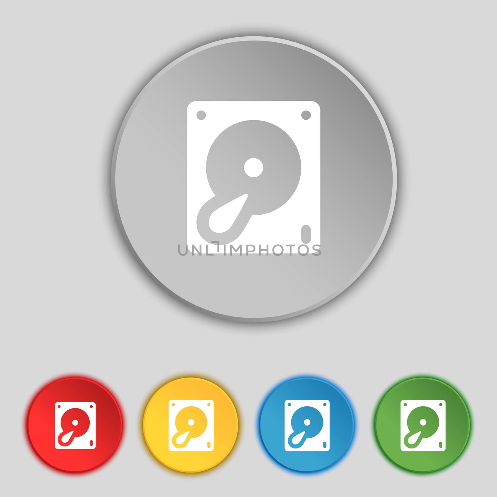 Hard disk and database icon sign. Symbol on five flat buttons.  by serhii_lohvyniuk