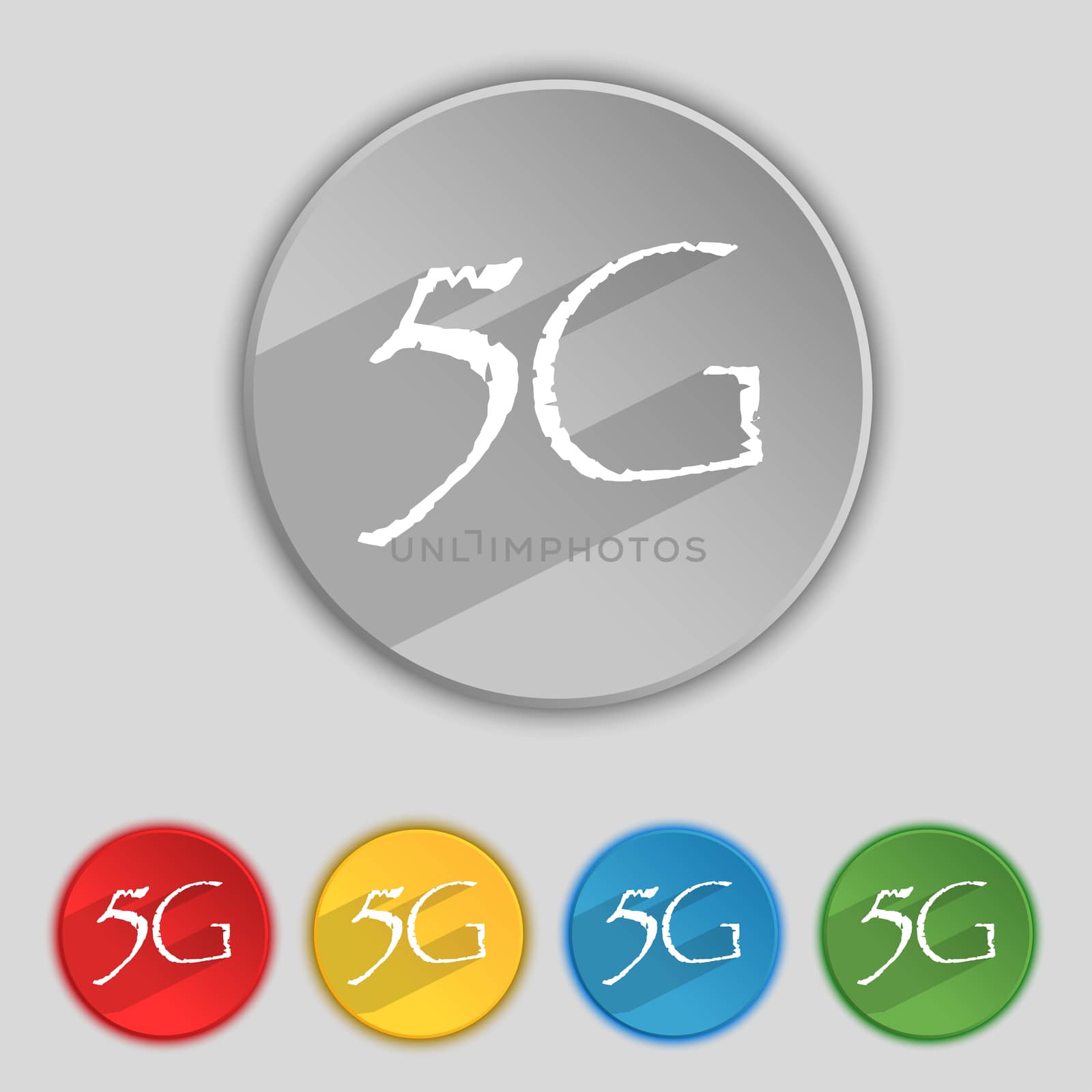 5G sign icon. Mobile telecommunications technology symbol. Set of colour buttons.  by serhii_lohvyniuk