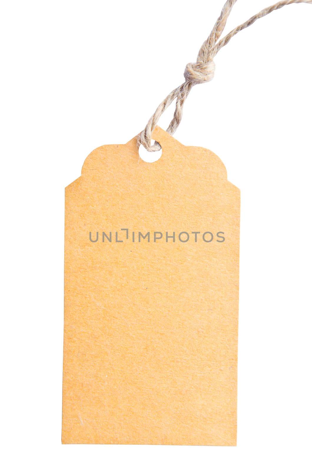 Blank tag tied with brown string isolated against a white backgr by Gamjai