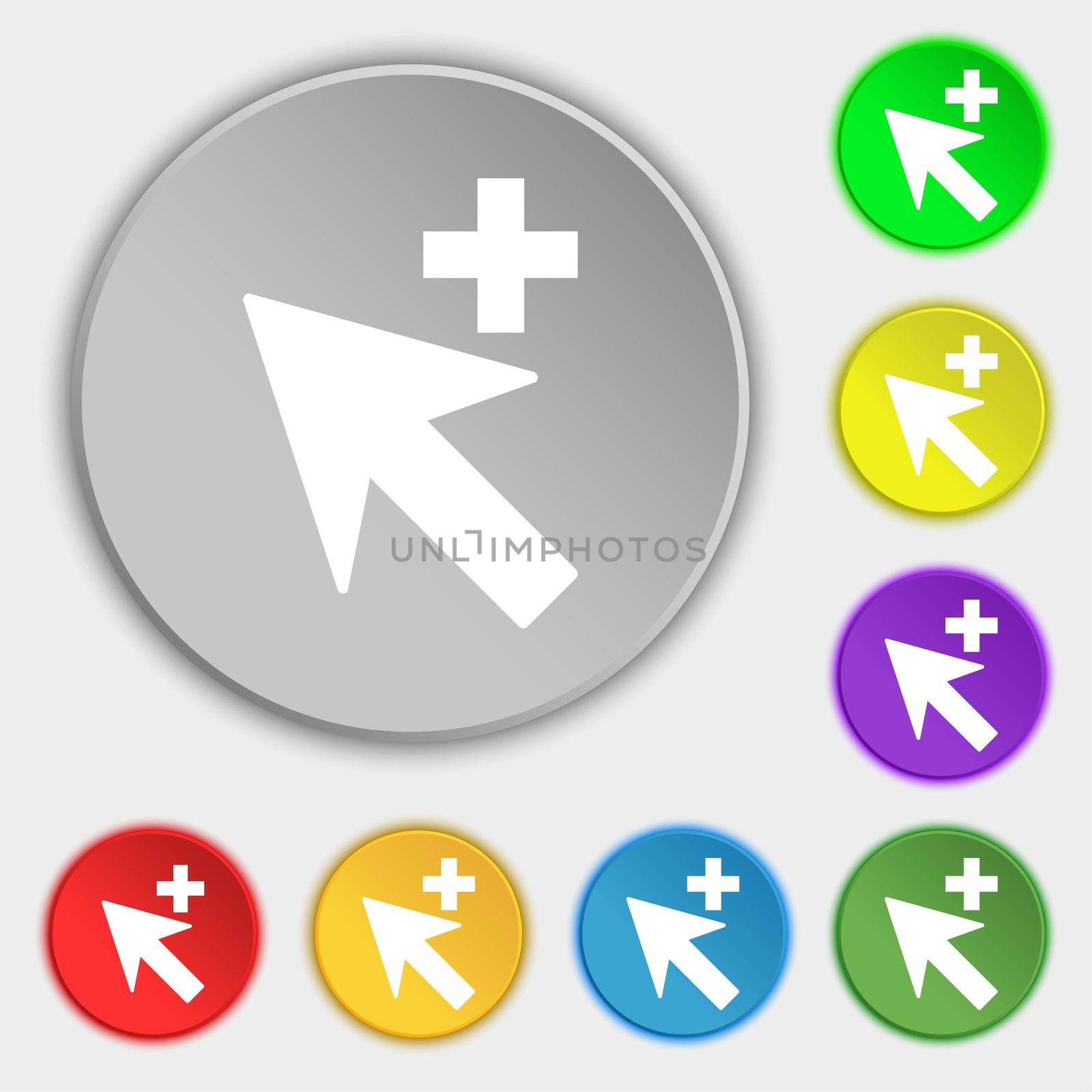 Cursor, arrow plus, add icon sign. Symbols on eight flat buttons. illustration