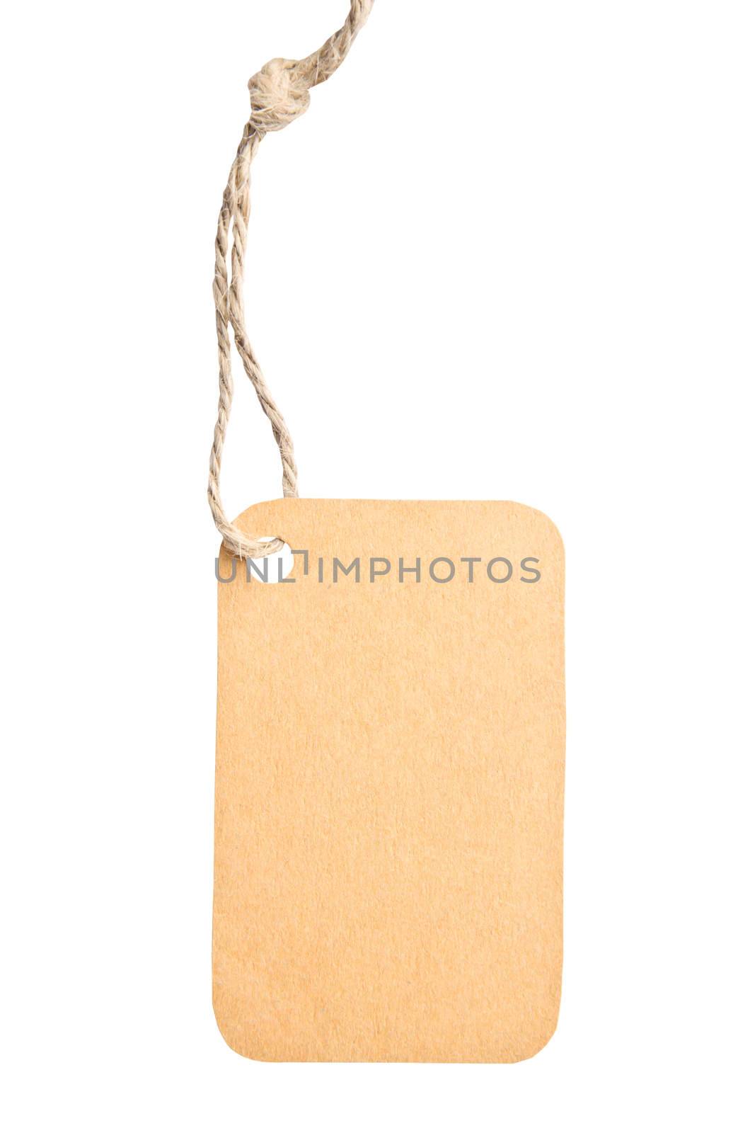 Blank tag tied with brown string isolated against a white backgr by Gamjai