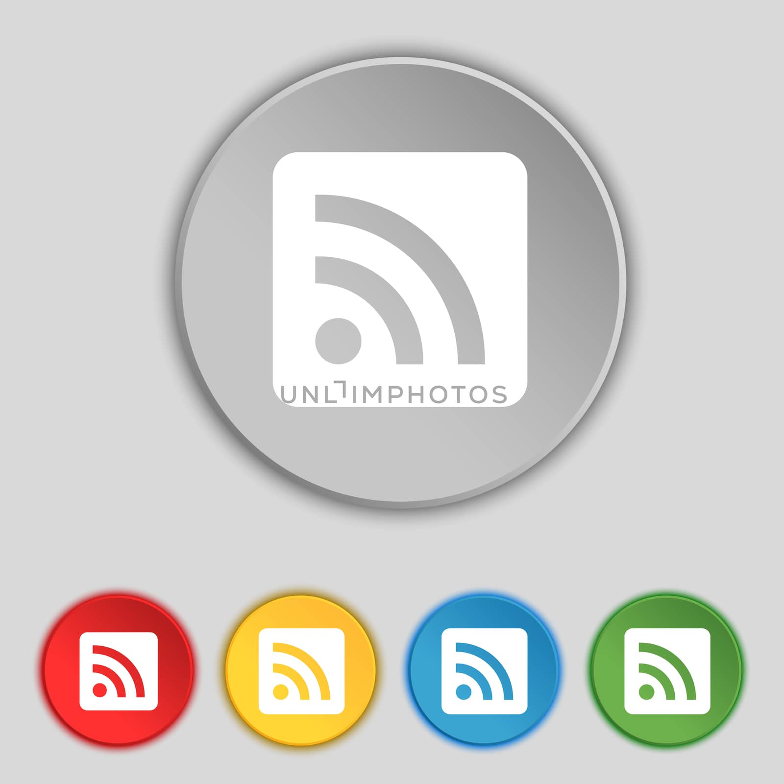 RSS feed icon sign. Symbol on five flat buttons.  by serhii_lohvyniuk