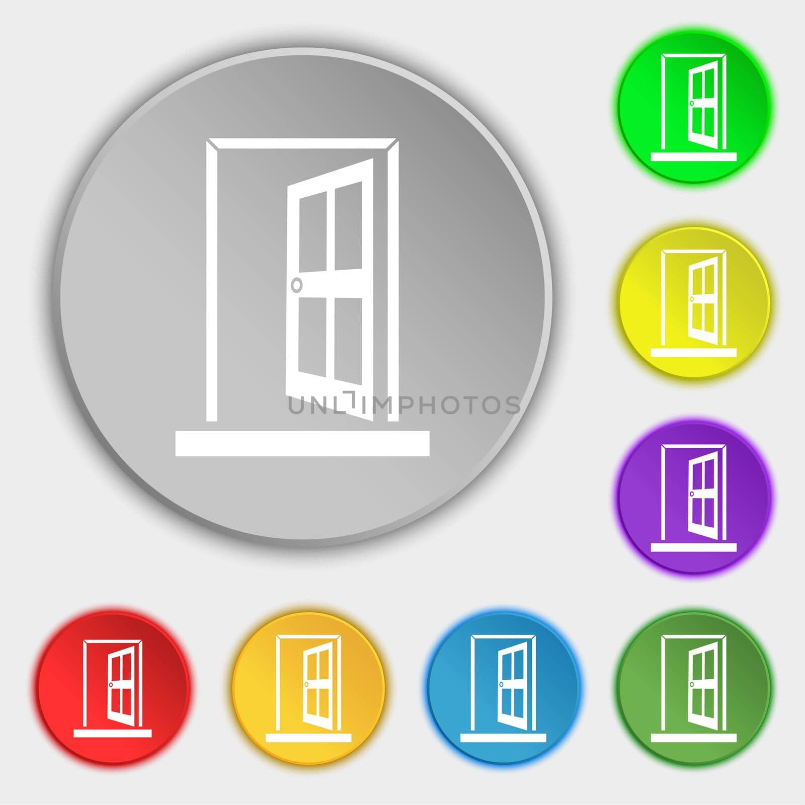Door, Enter or exit icon sign. Symbols on eight flat buttons. illustration
