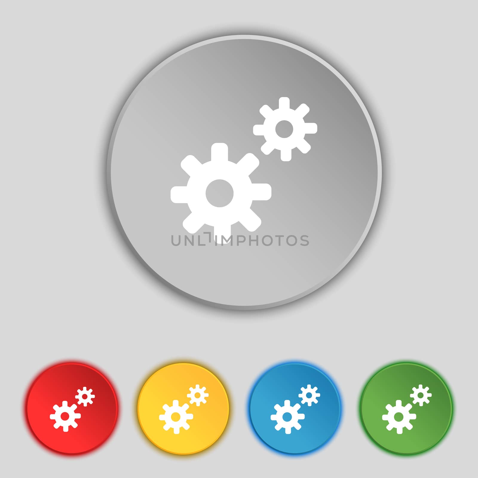 Cog settings, Cogwheel gear mechanism icon sign. Symbol on five flat buttons.  by serhii_lohvyniuk