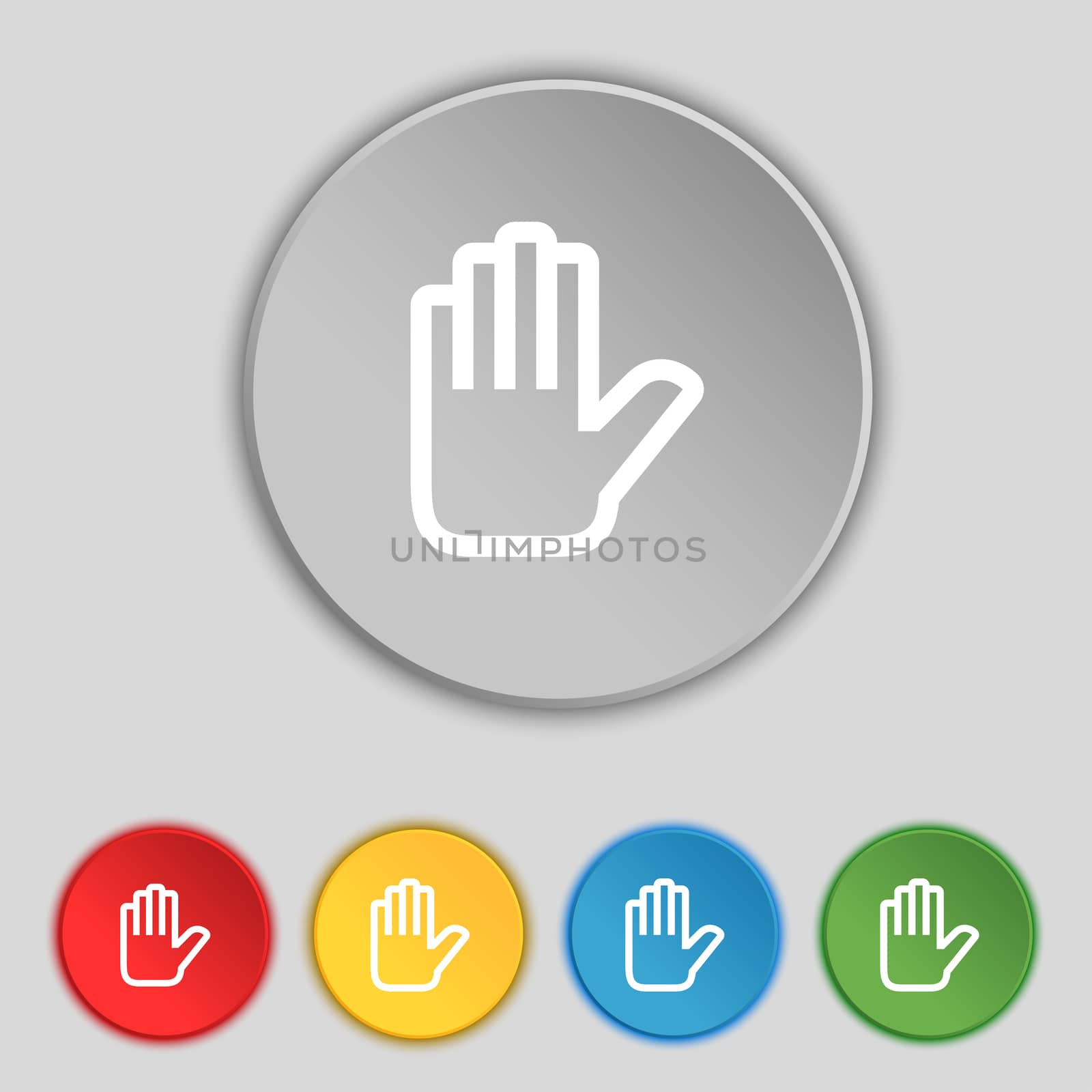 Hand print, Stop icon sign. Symbol on five flat buttons. illustration