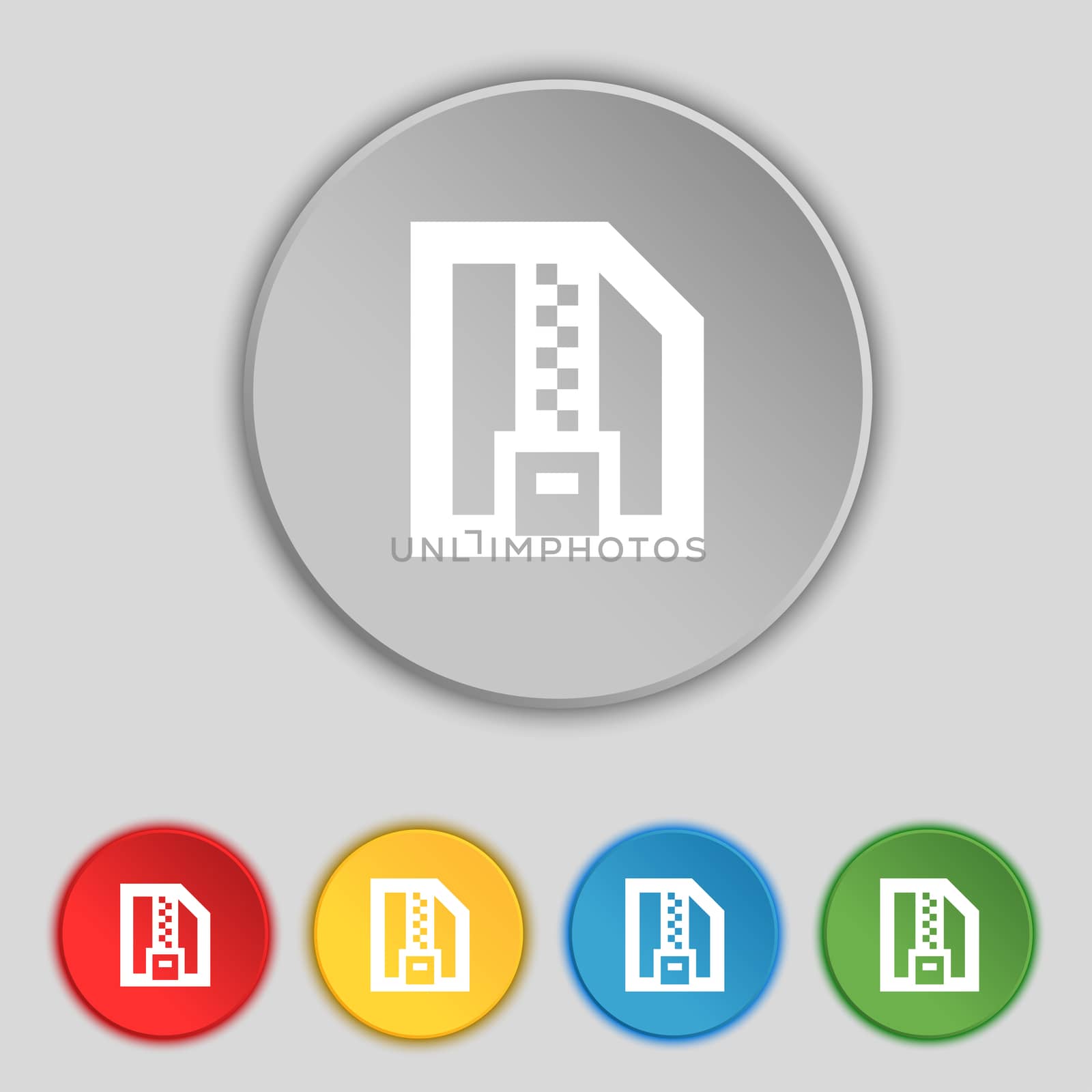 Archive file, Download compressed, ZIP zipped icon sign. Symbol on five flat buttons.  by serhii_lohvyniuk