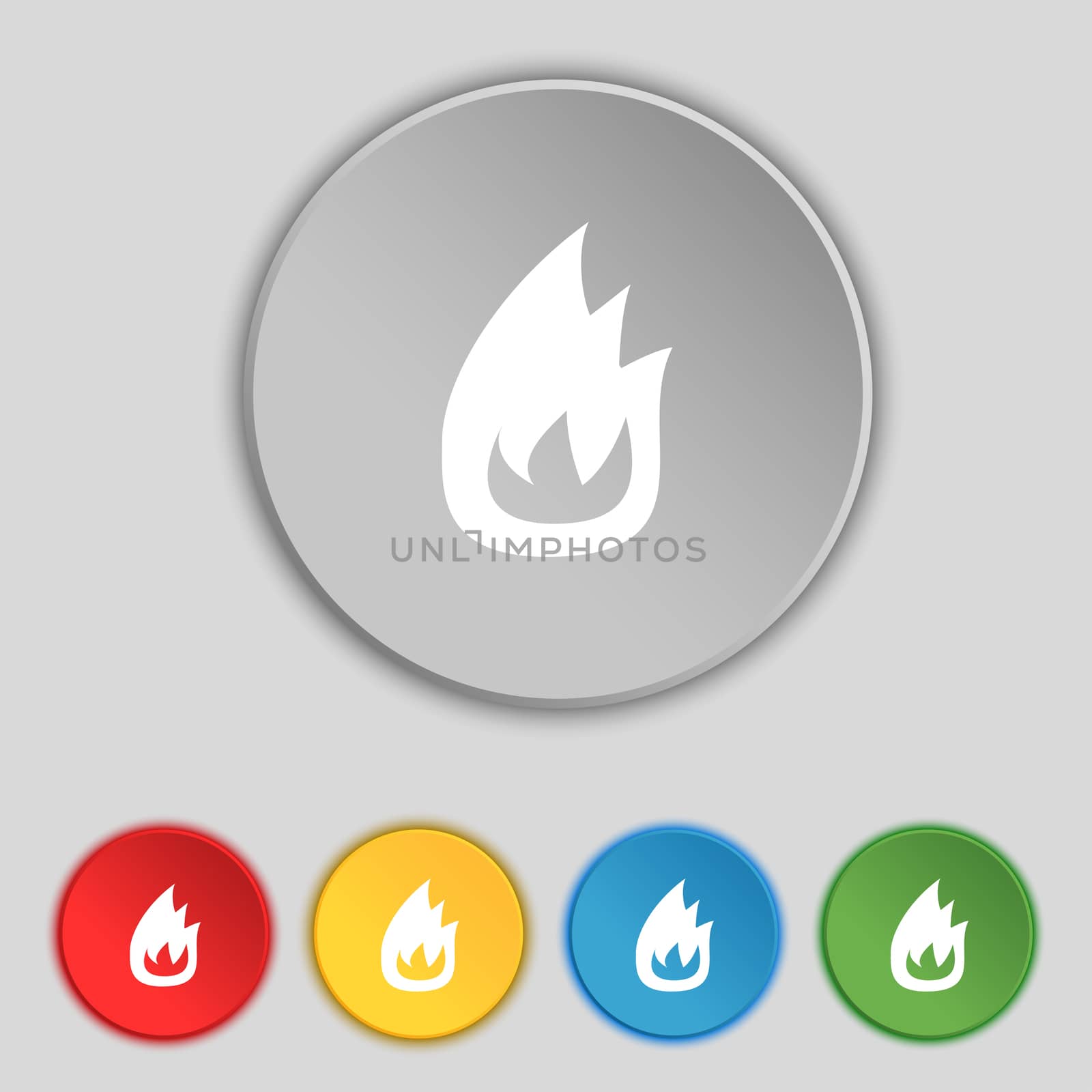 Fire flame icon sign. Symbol on five flat buttons.  by serhii_lohvyniuk