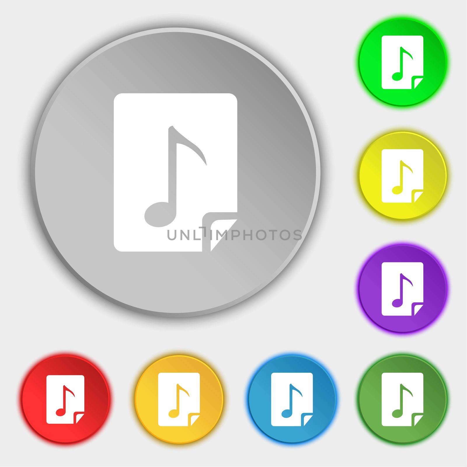 Audio, MP3 file icon sign. Symbols on eight flat buttons. illustration